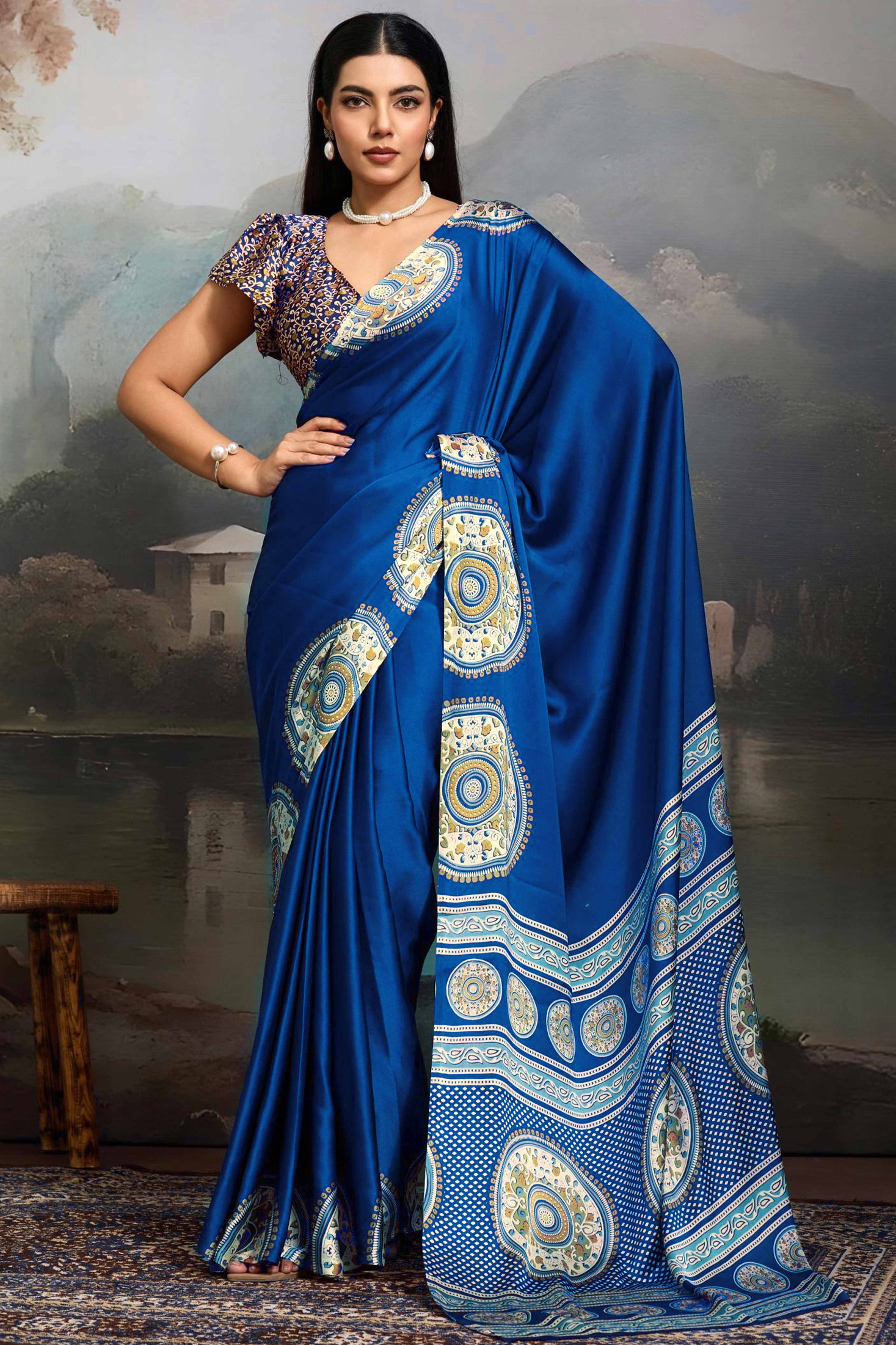 Elegant Blue Satin Saree with Ajrakh Inspired Floral Prints