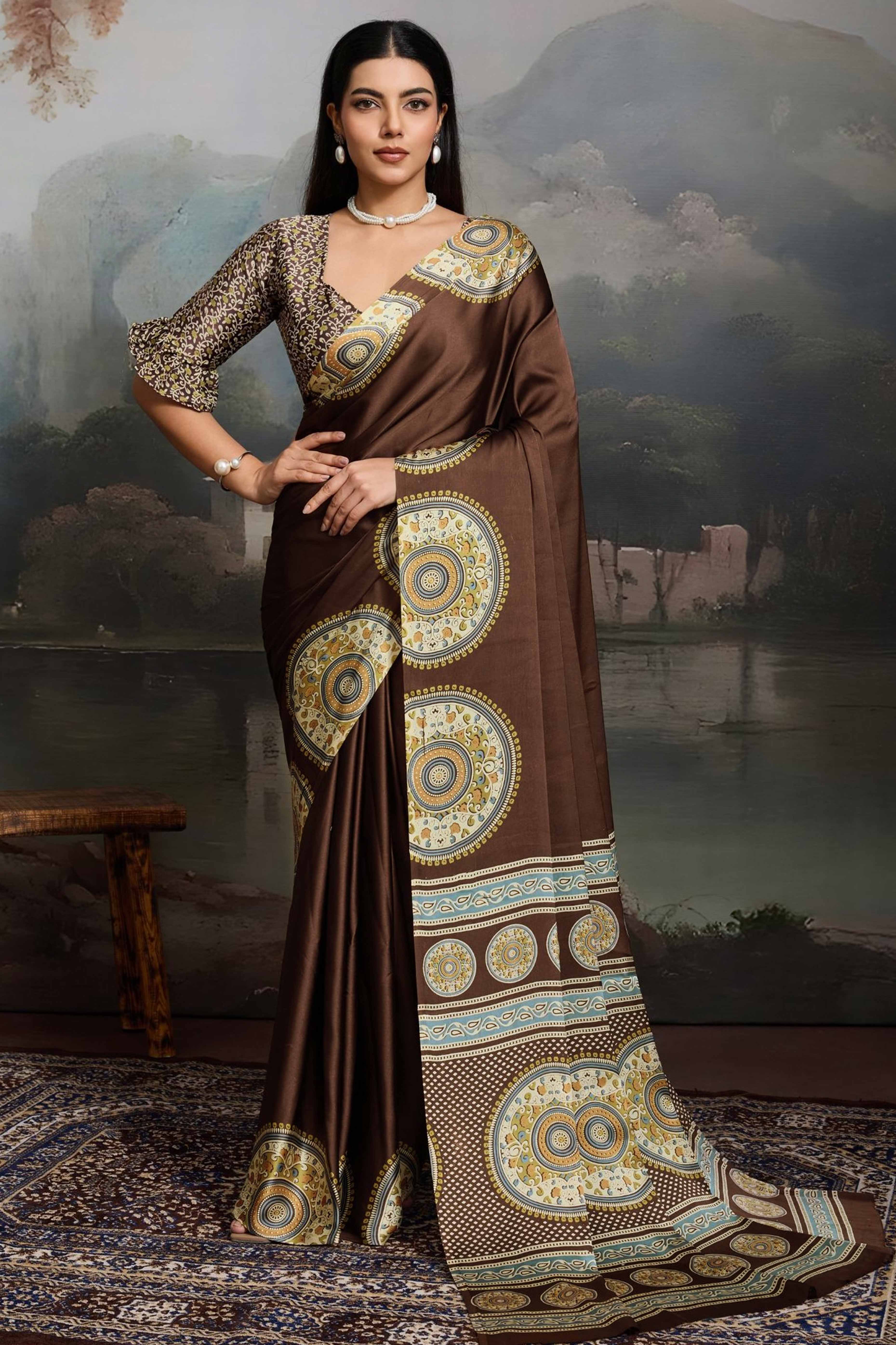 Elegant Brown Satin Saree with Ajrakh Inspired Floral Prints