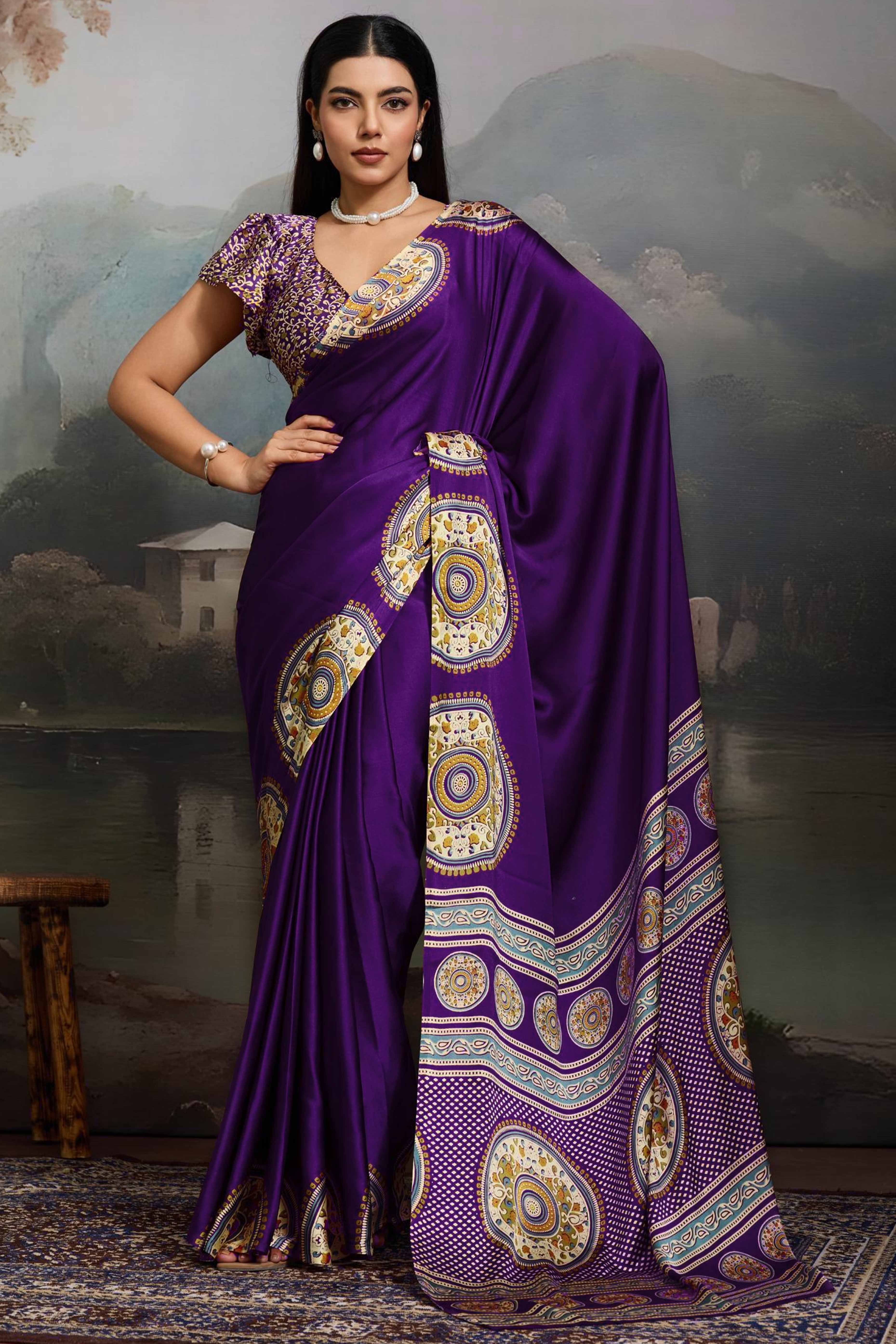 Elegant Purple Satin Saree with Ajrakh Inspired Floral Prints