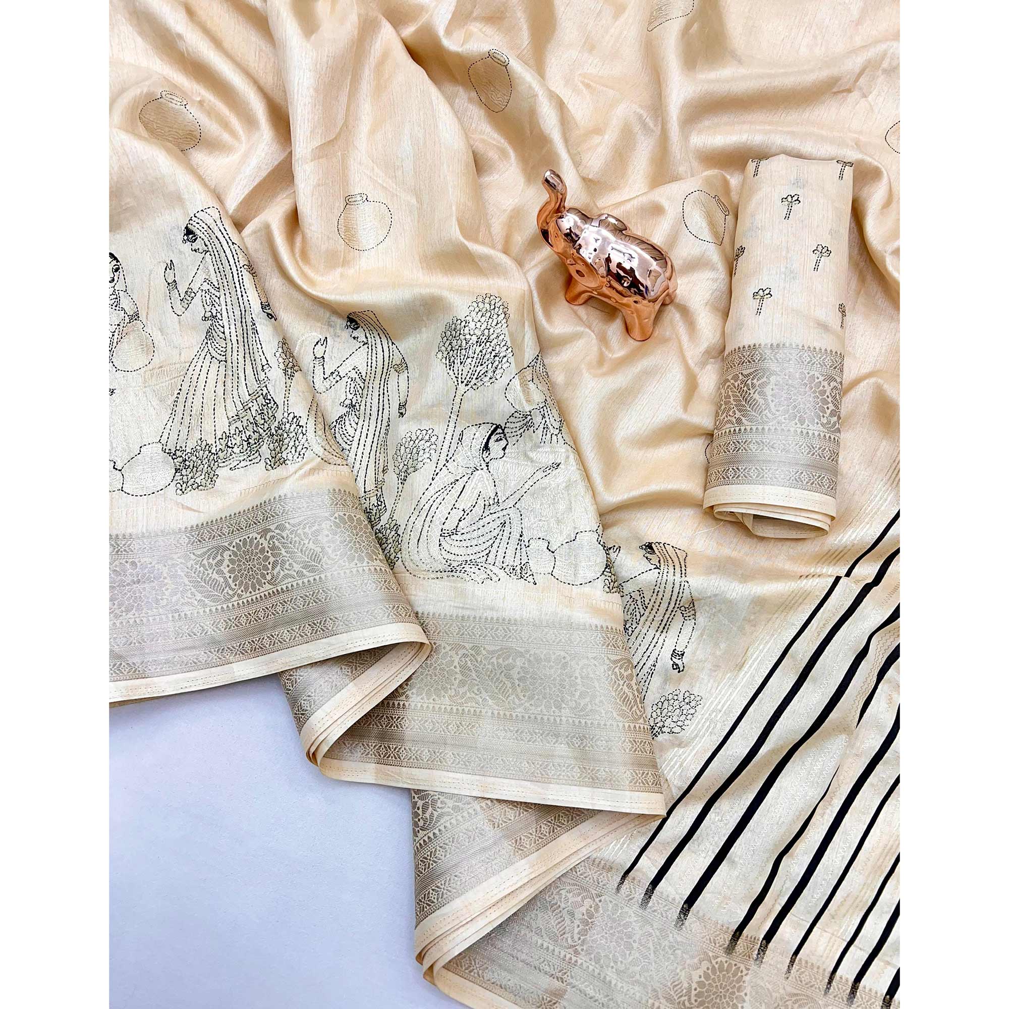 Traditional Print With Weaving Dola Silk Saree in Soft Cream Hue