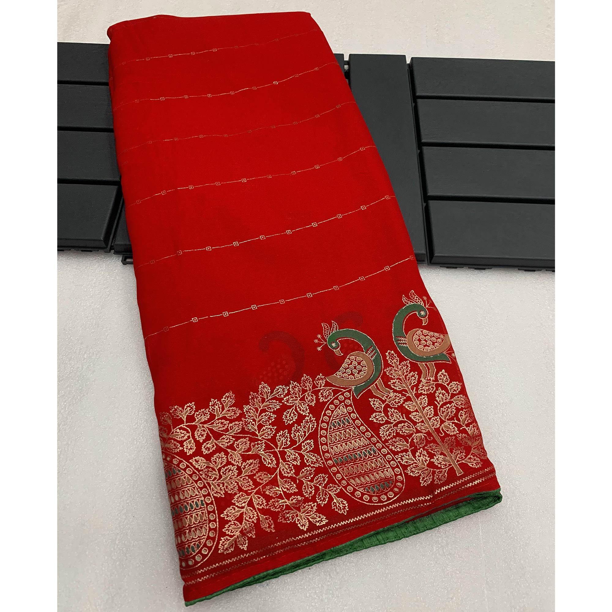 Red Floral Foil Printed Georgette Saree
