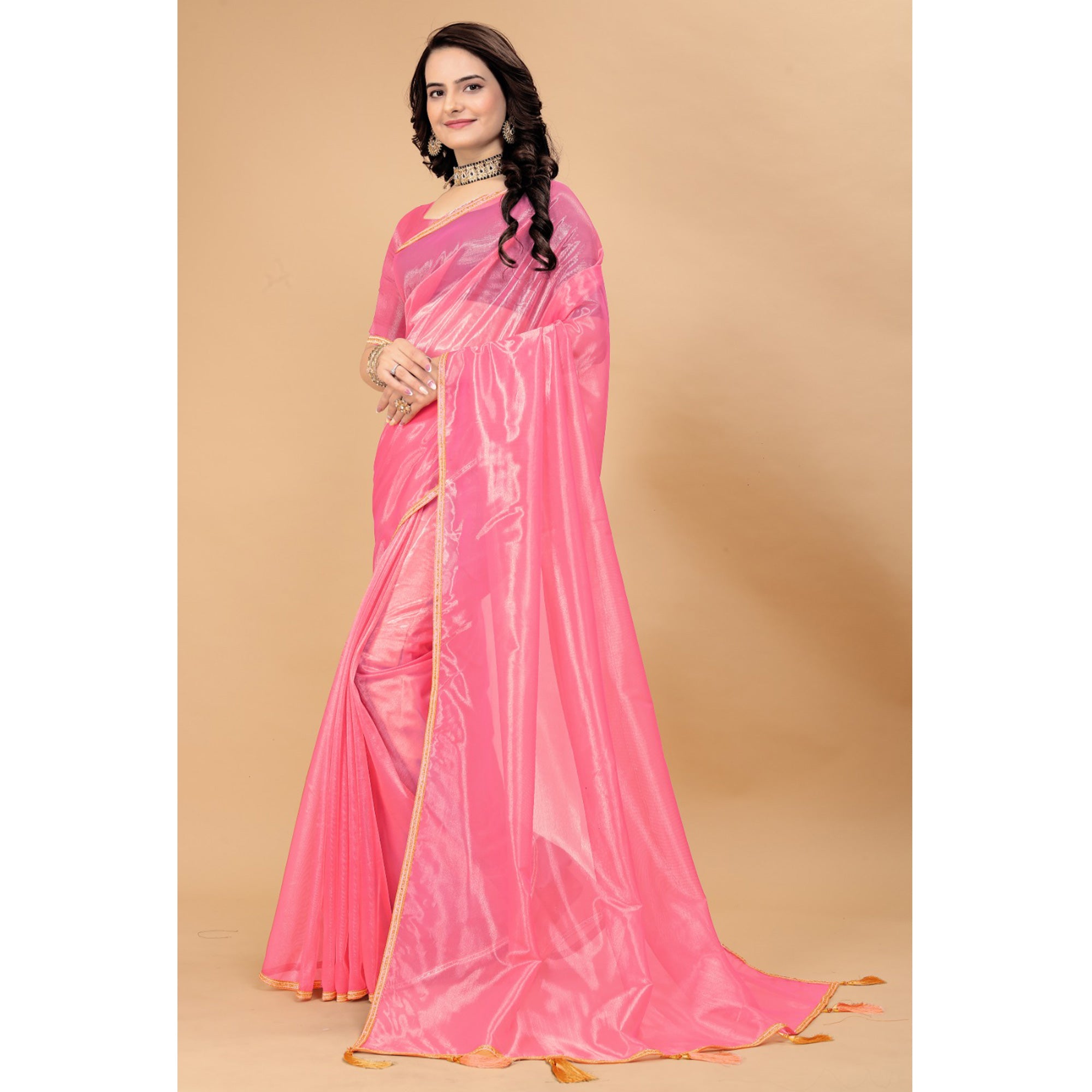 Rose Pink Solid Nylon Saree With Lace Border