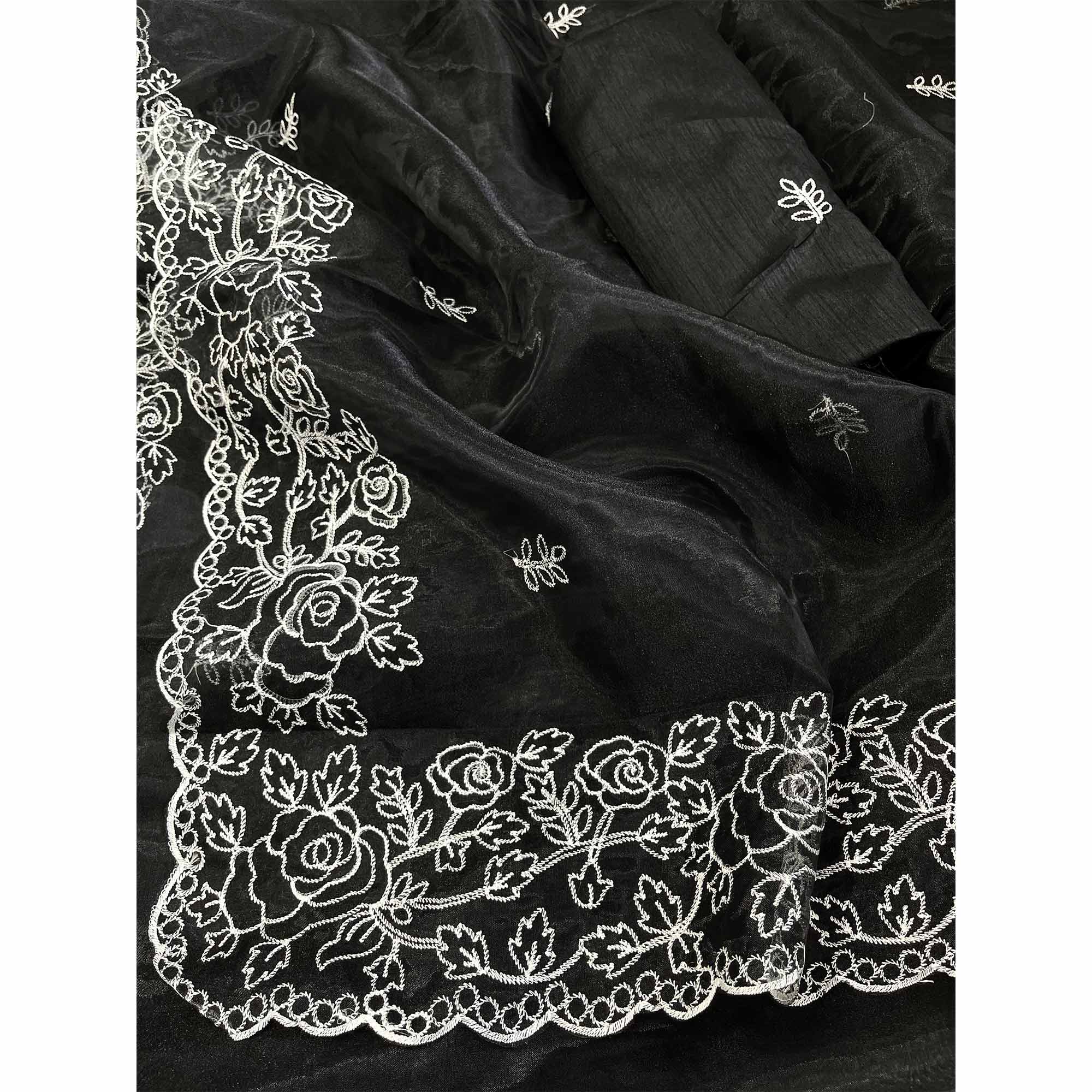 Black Floral Embroidered Organza Saree