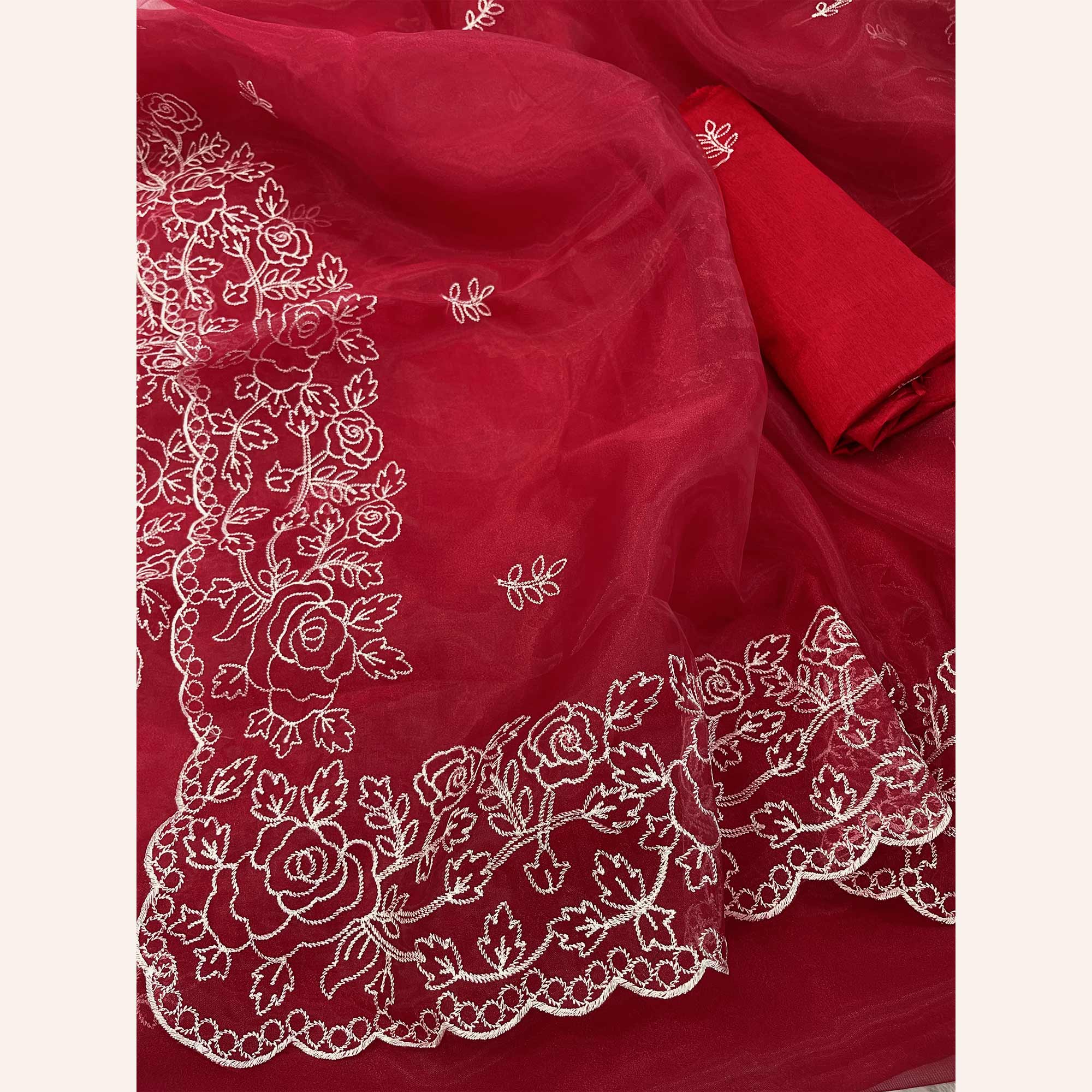 Pink Floral Embroidered Organza Saree