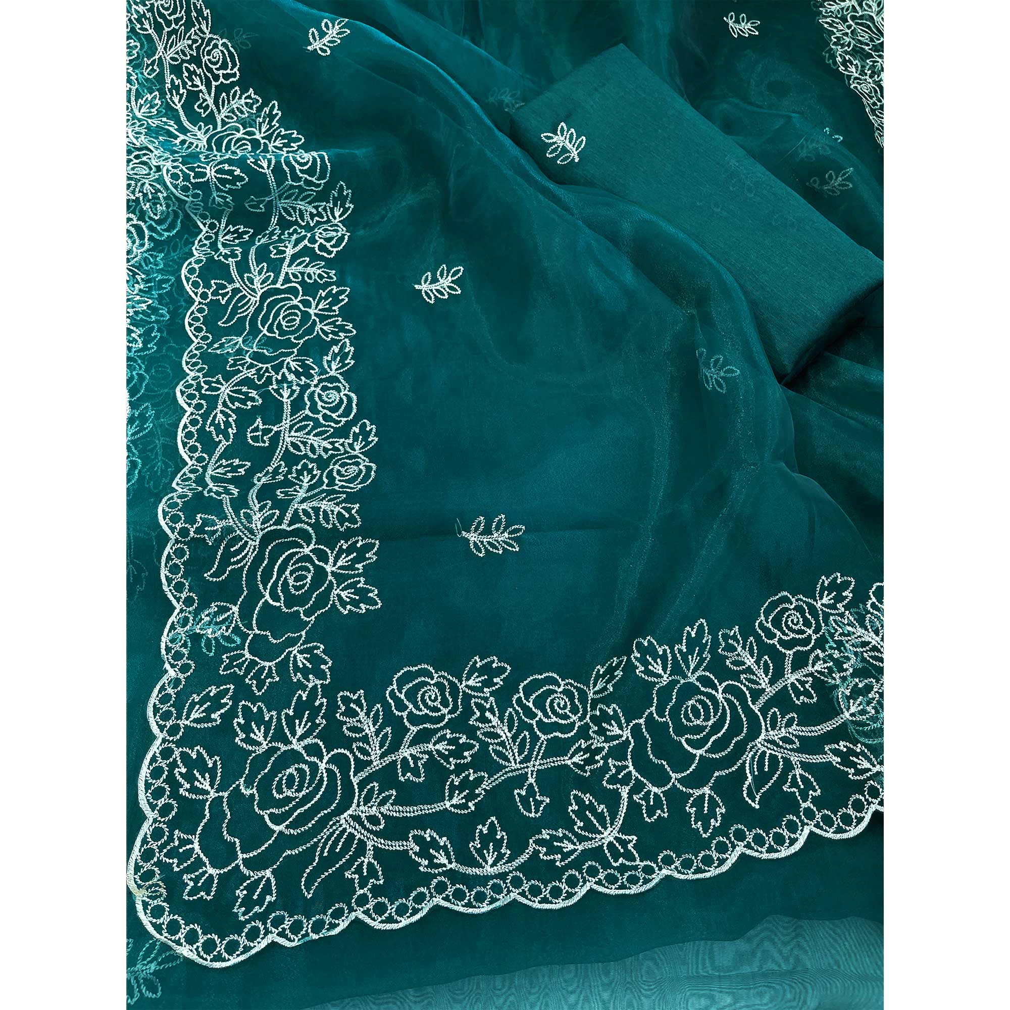 Teal Floral Embroidered Organza Saree