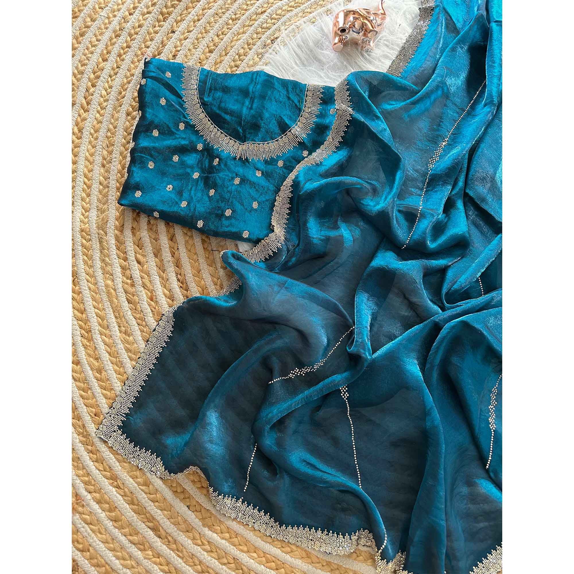 Classic Peacock Blue Pure Silk Saree Adorned With Sparkling Jarkan Work & An Designer Border