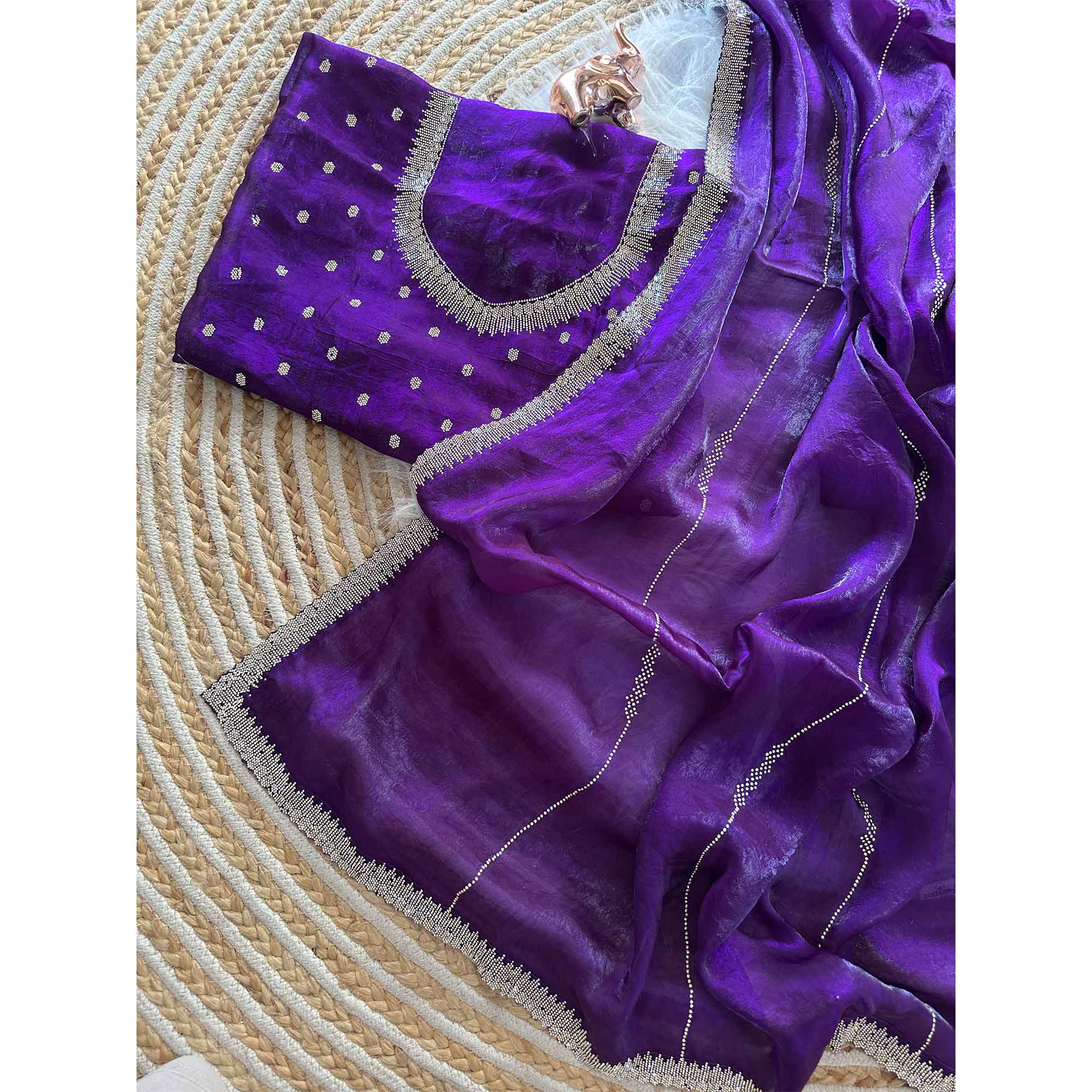 Classic Purple Pure Silk Saree Adorned With Sparkling Jarkan Work & An Exquisite Designer Border