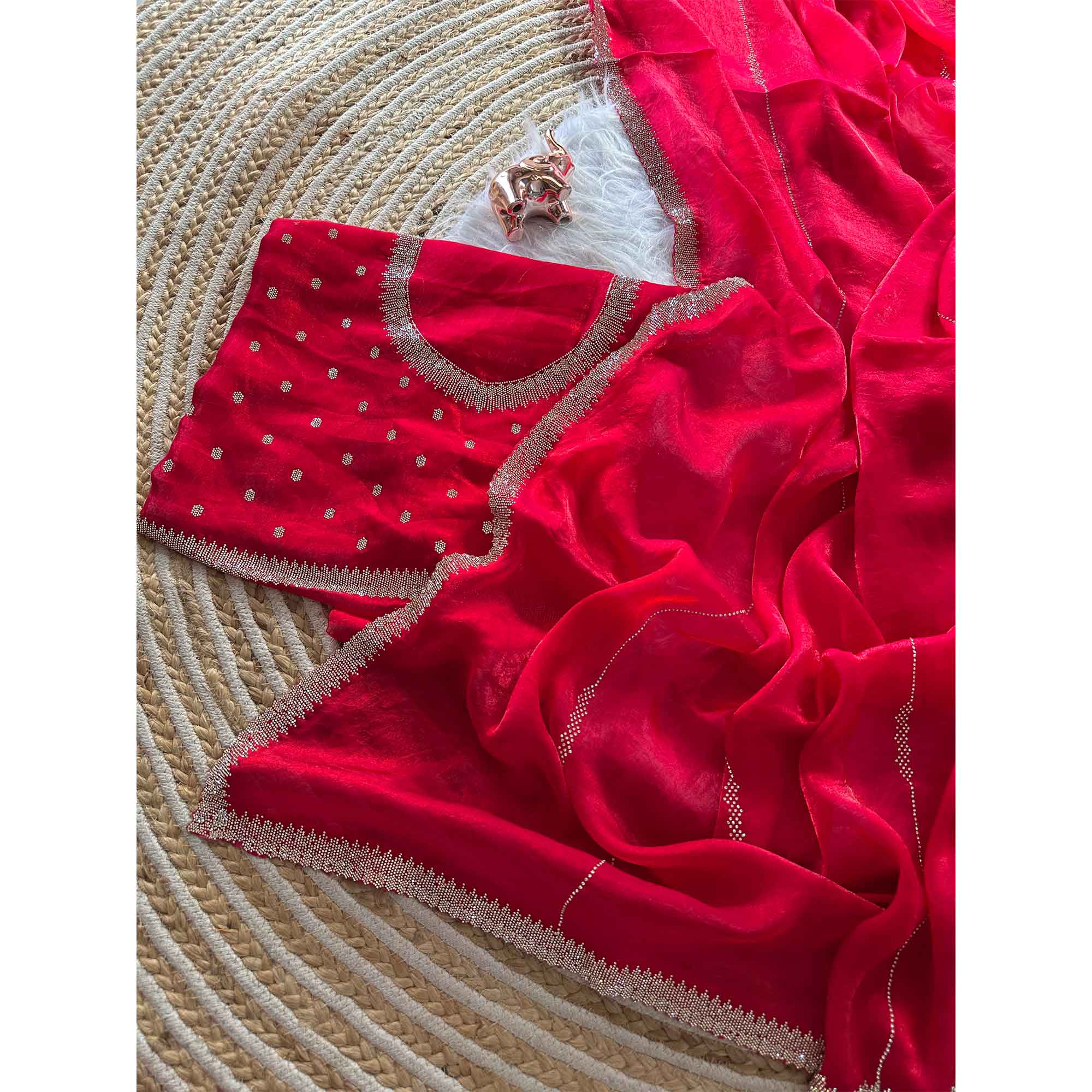 Classic Rani Pink Pure Silk Saree Adorned With Sparkling Jarkan Work & An Exquisite Designer Border