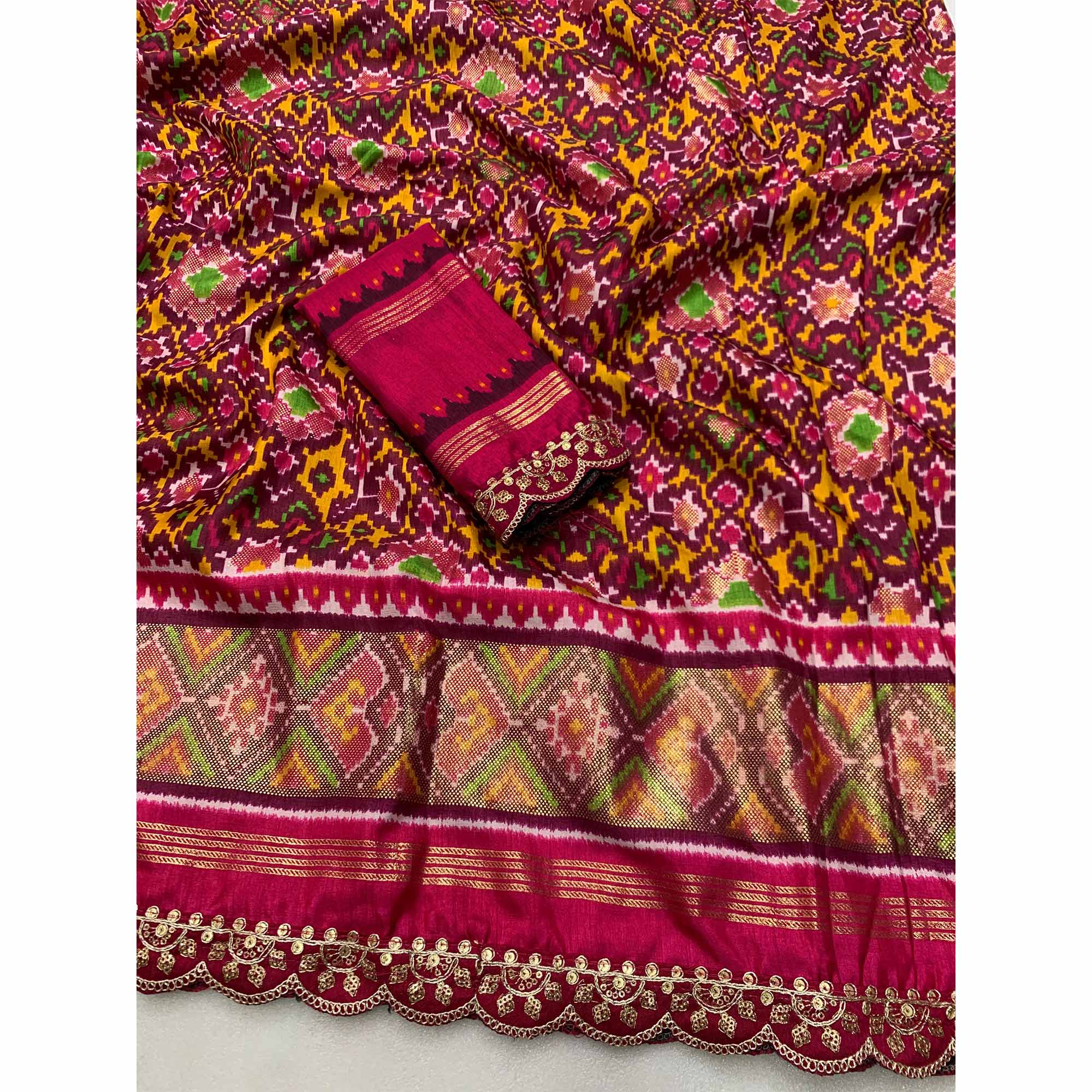 Wine & Pink Ikkat Foil Printed Silk Saree With Sequins Embroidery Border
