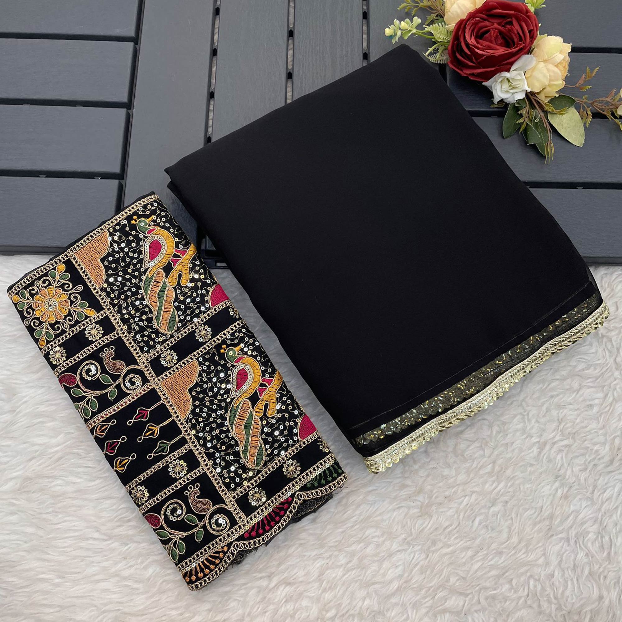 Black Solid Georgette Saree With Sequins Embroidered Border