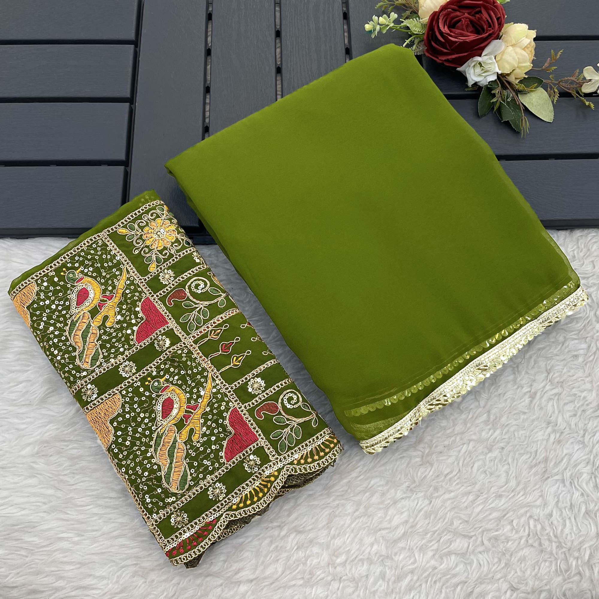 Green Solid Georgette Saree With Sequins Embroidered Border