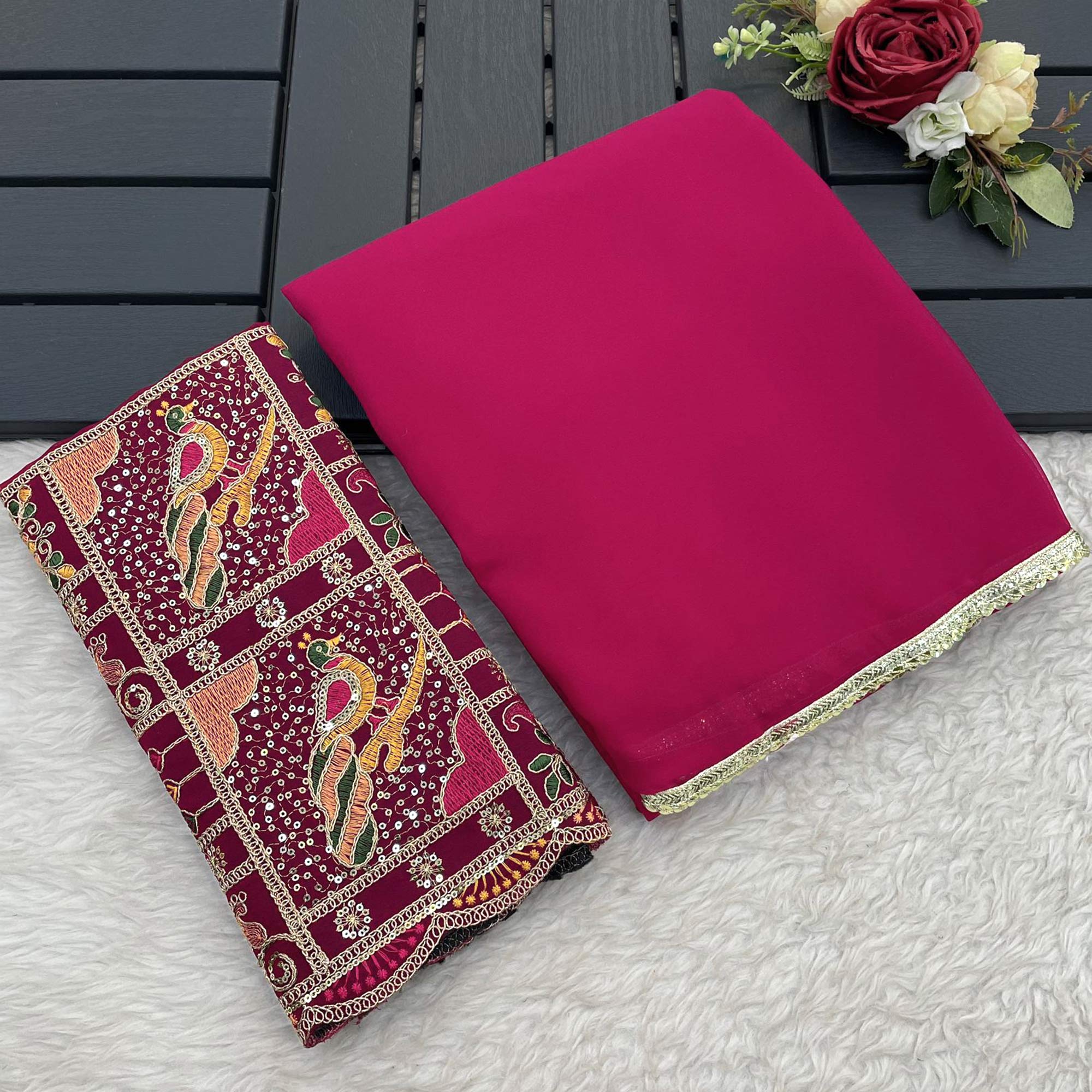 Pink Solid Georgette Saree With Sequins Embroidered Border