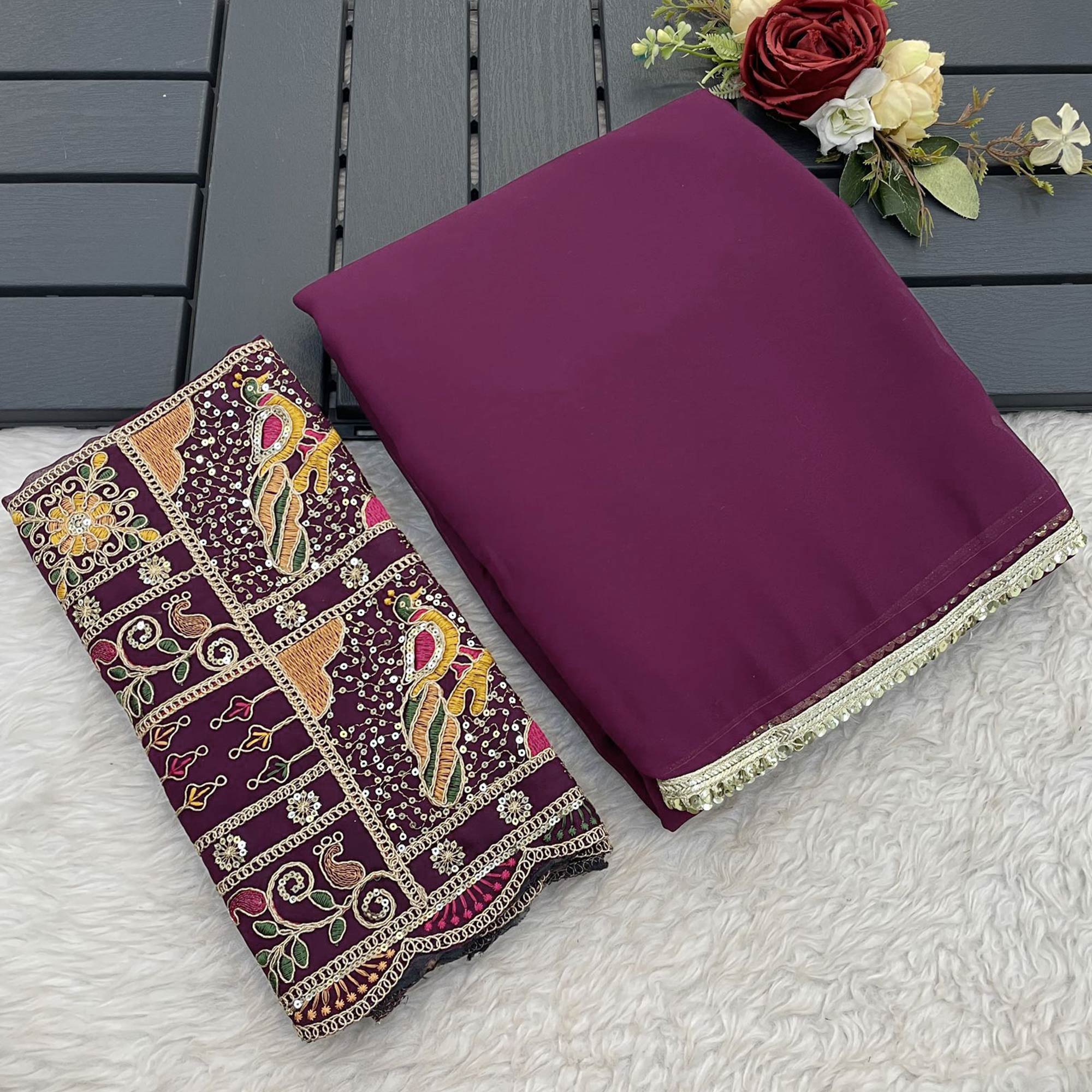 Wine Solid Georgette Saree With Sequins Embroidered Border