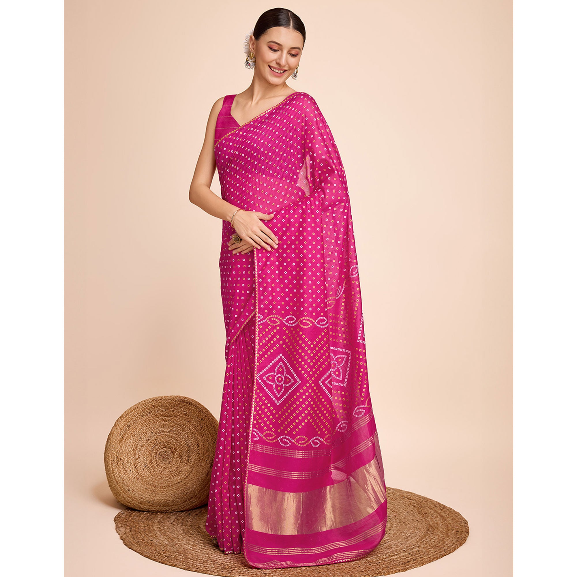 Pink Bandhani Printed Cotton Silk Saree