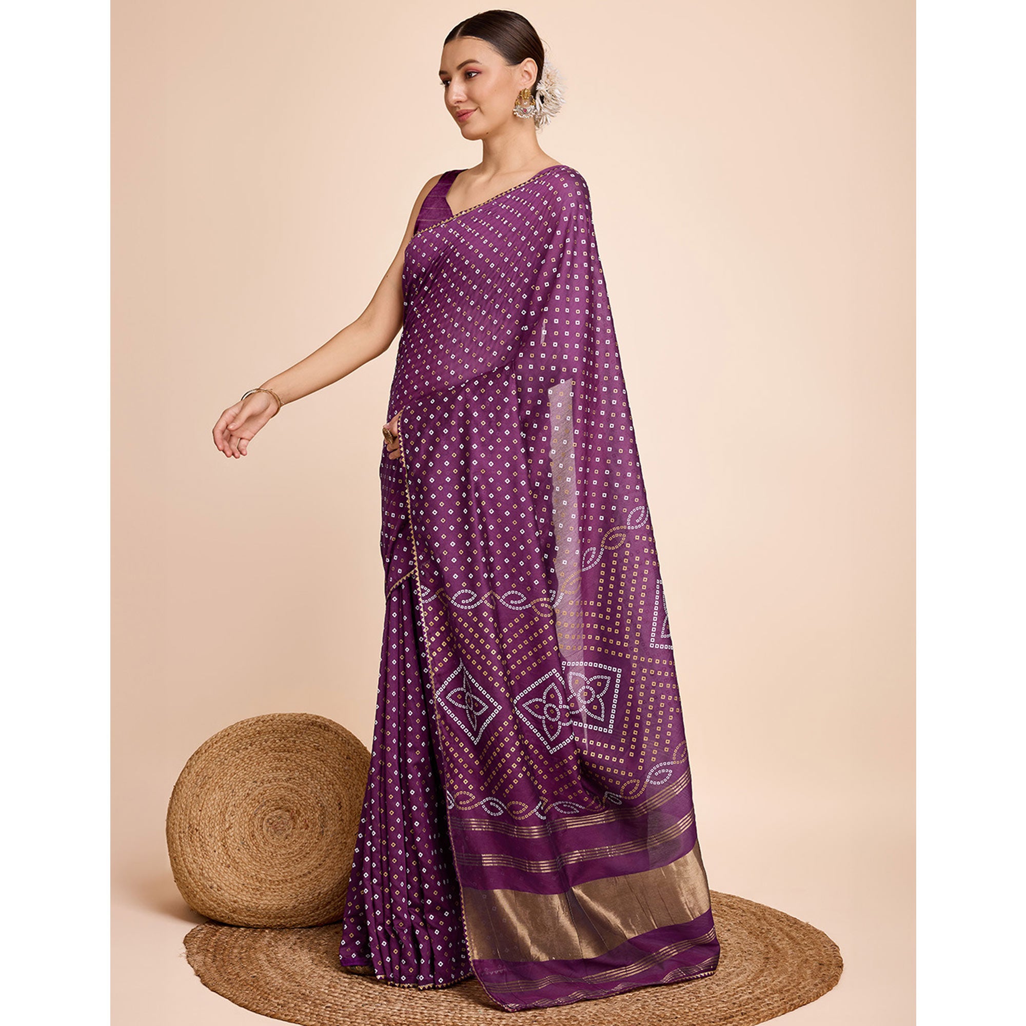 Purple Bandhani Printed Cotton Silk Saree