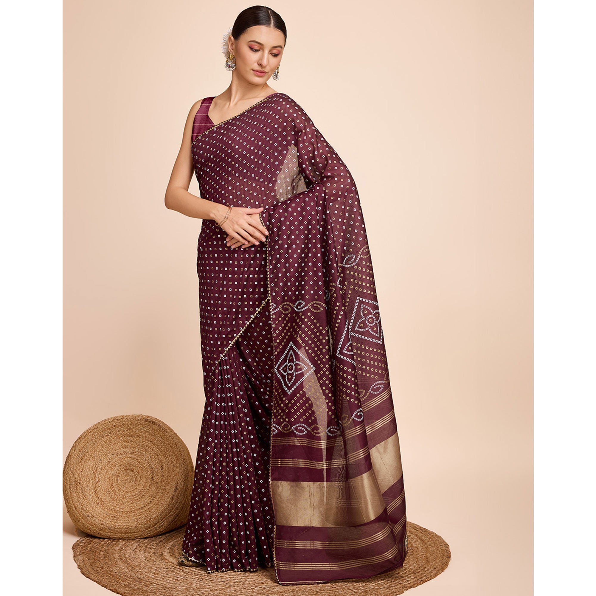 Wine Bandhani Printed Cotton Silk Saree