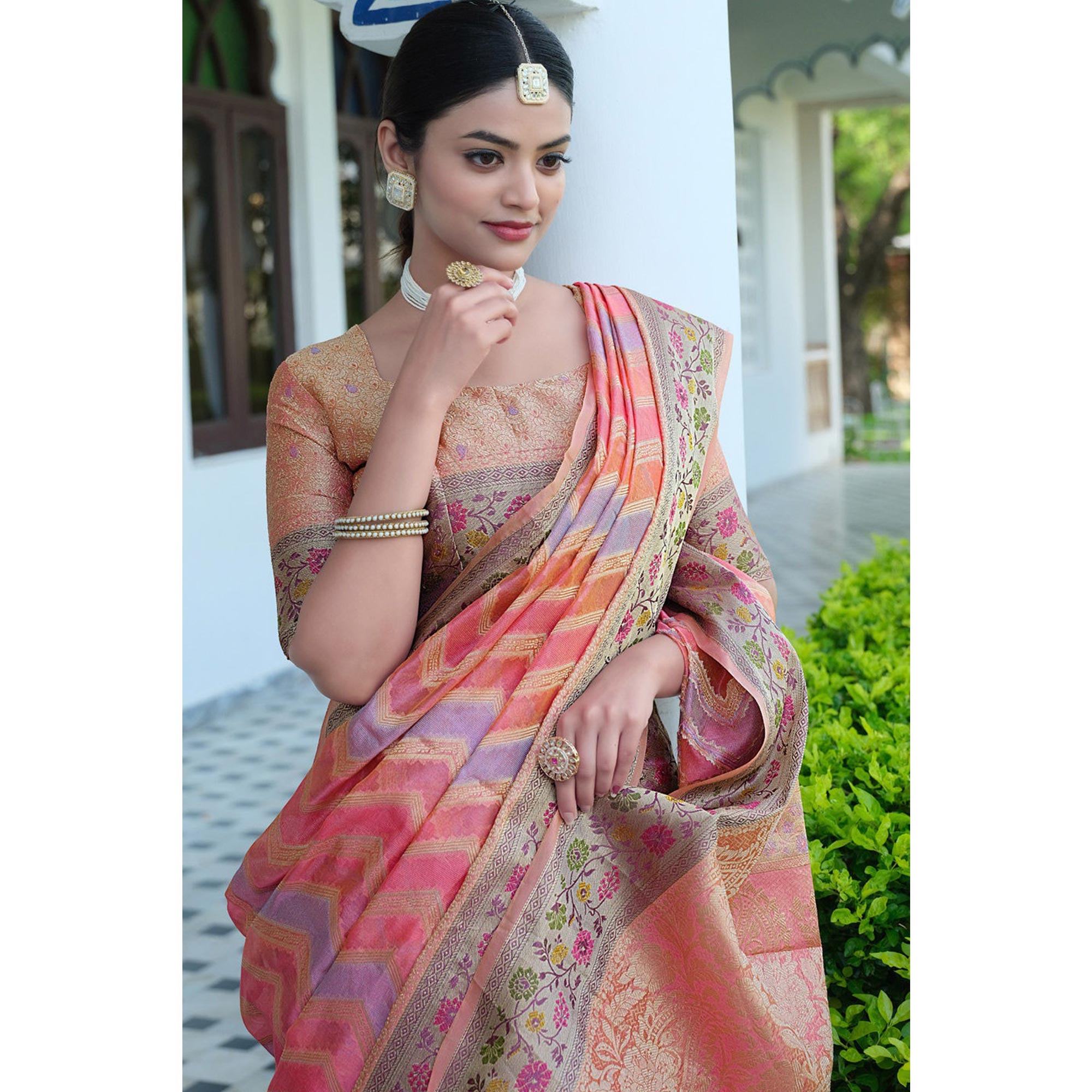 Pink Woven Organza Saree With Tassels