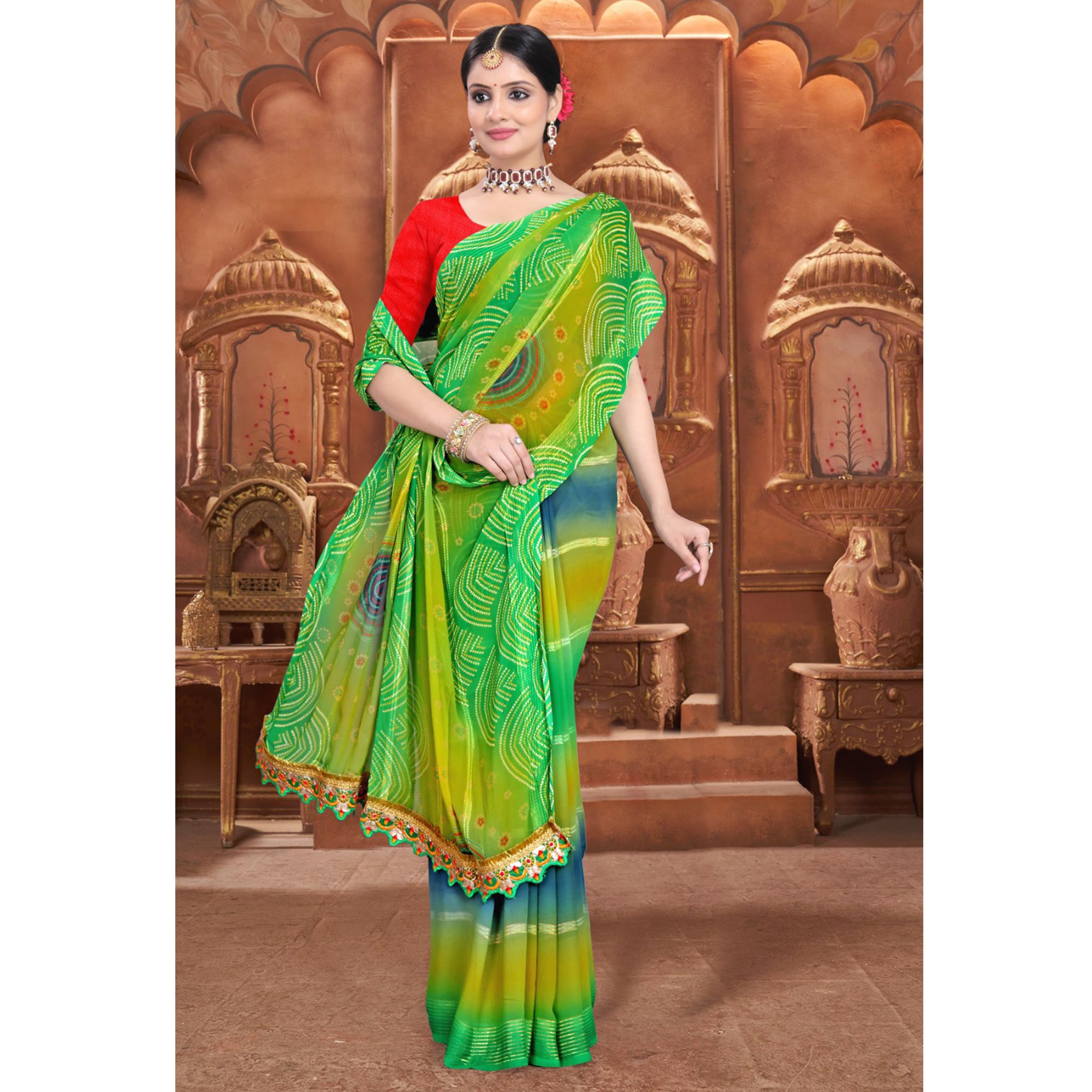Green Bandhani Printed Georgette Saree With Zari Border
