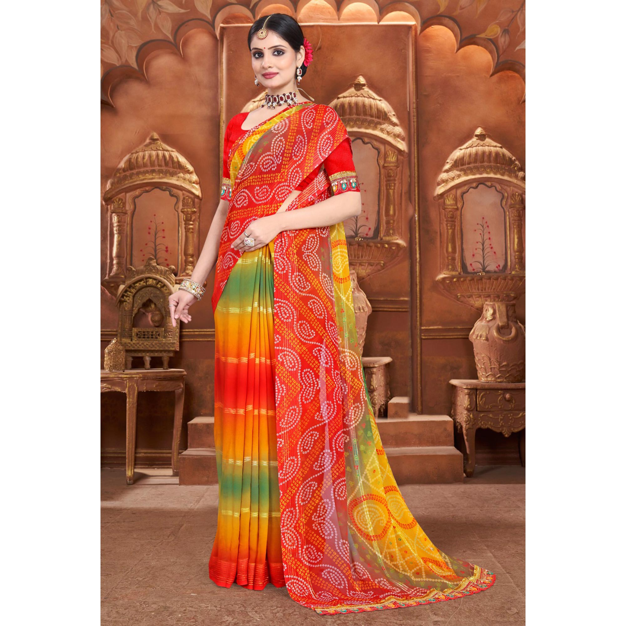 Orange Bandhani Printed Georgette Saree With Zari Border