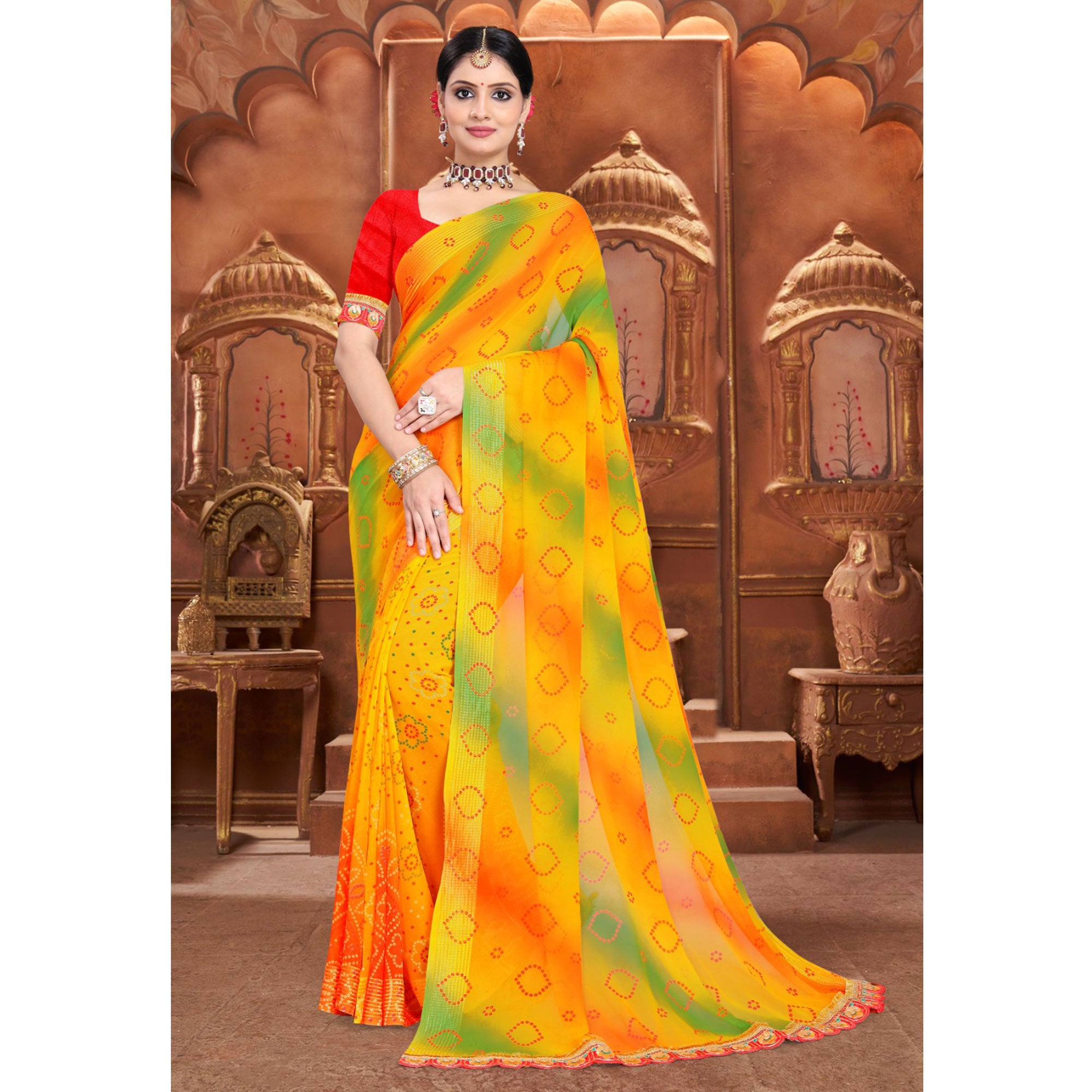 Yellow Bandhani Printed Georgette Saree With Zari Border