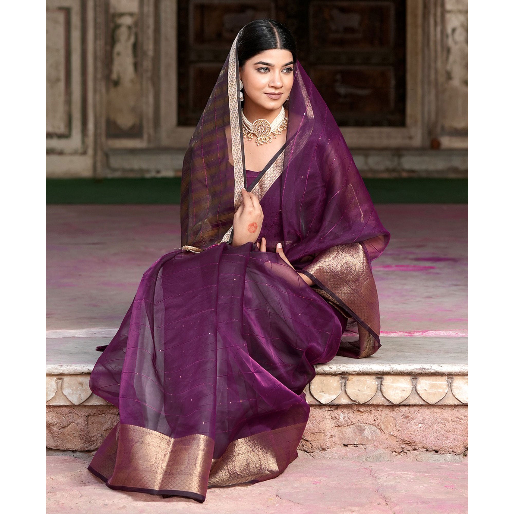 Purple Sequins Embroidered Organza Saree With Woven Border