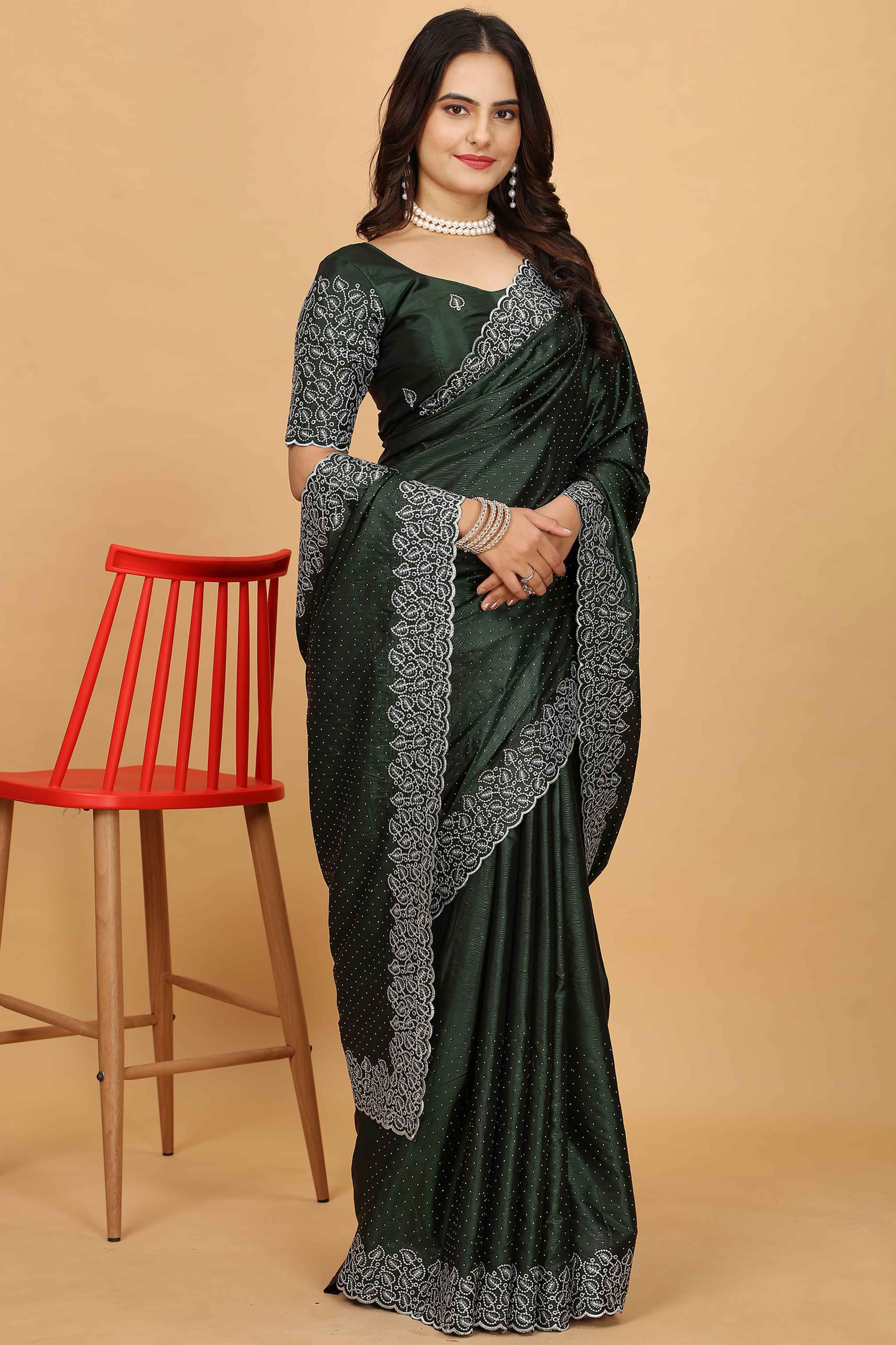 Green Swarovski Work Paper Silk Saree With Embroidery Zari Border