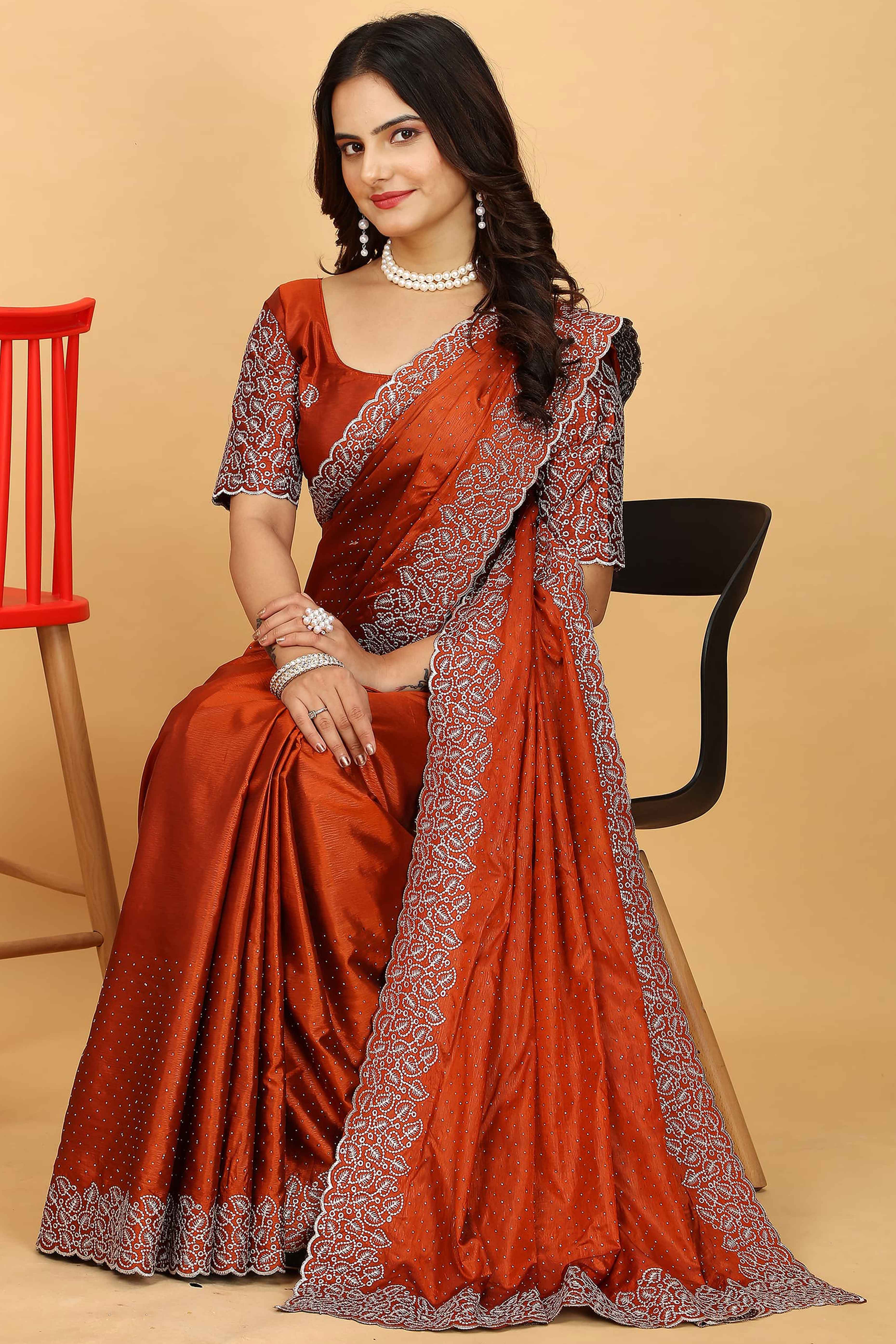 Rust Swarovski Work Paper Silk Saree With Embroidery Zari Border