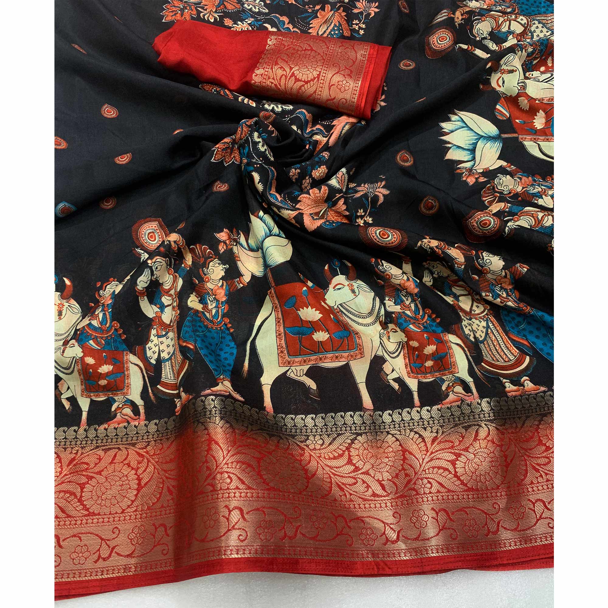 Black Digital Printed Dola Silk Saree With Woven Jacquard Border