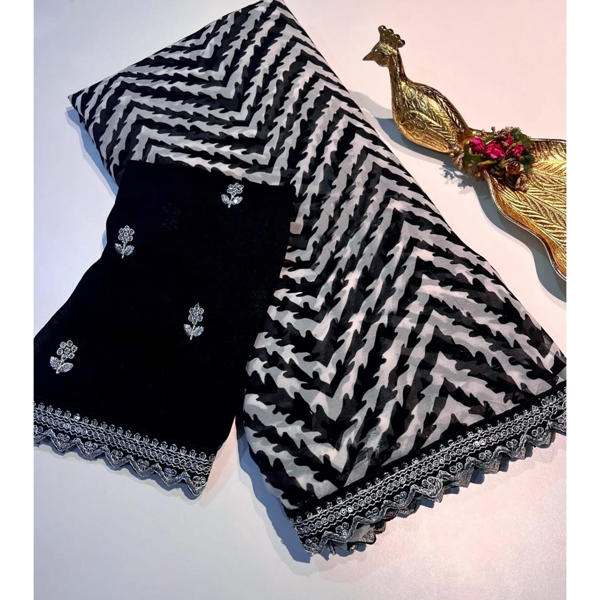 Black Zig Zag Printed Georgette Saree With Sequins Embroidered Border