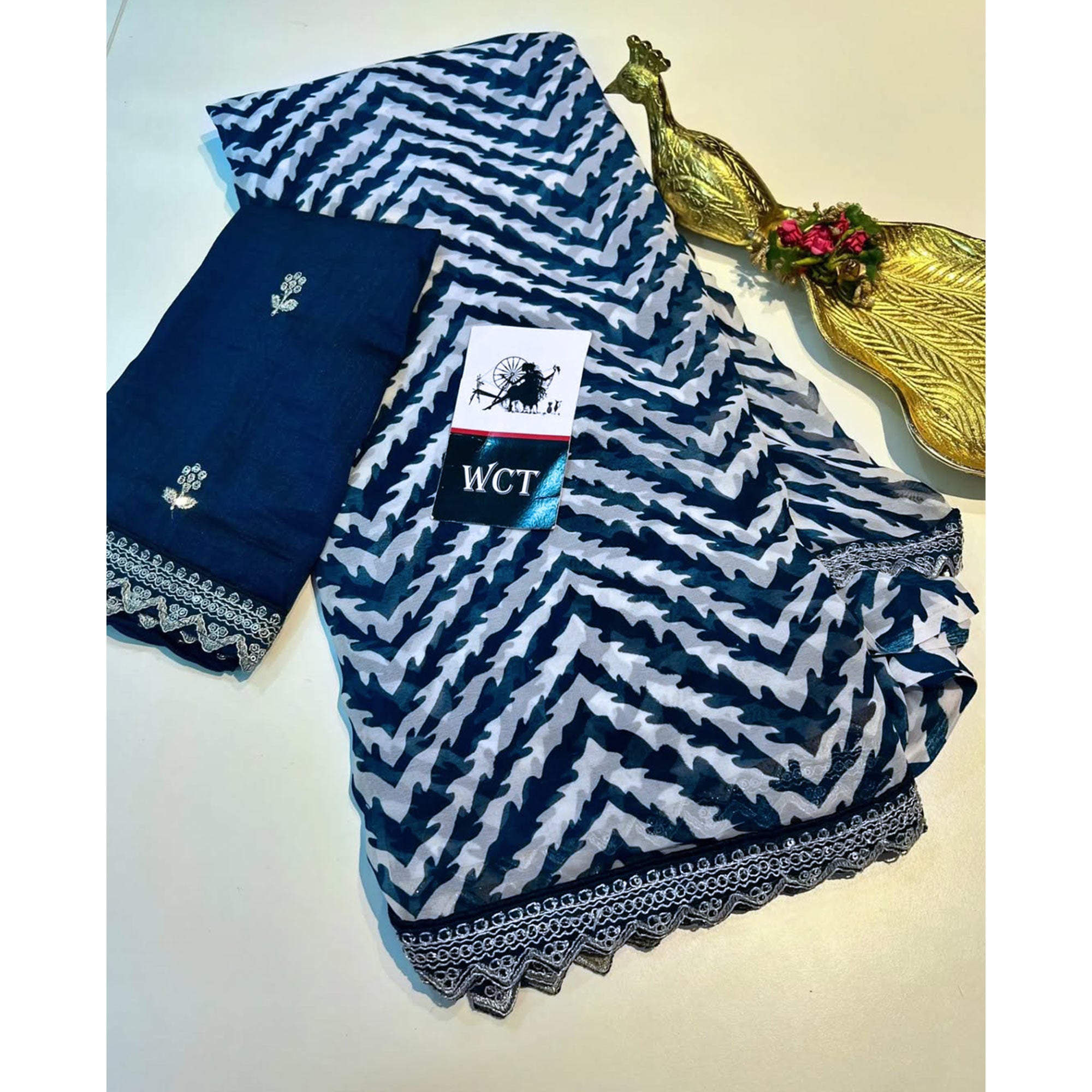 Blue Zig Zag Printed Georgette Saree With Sequins Embroidered Border