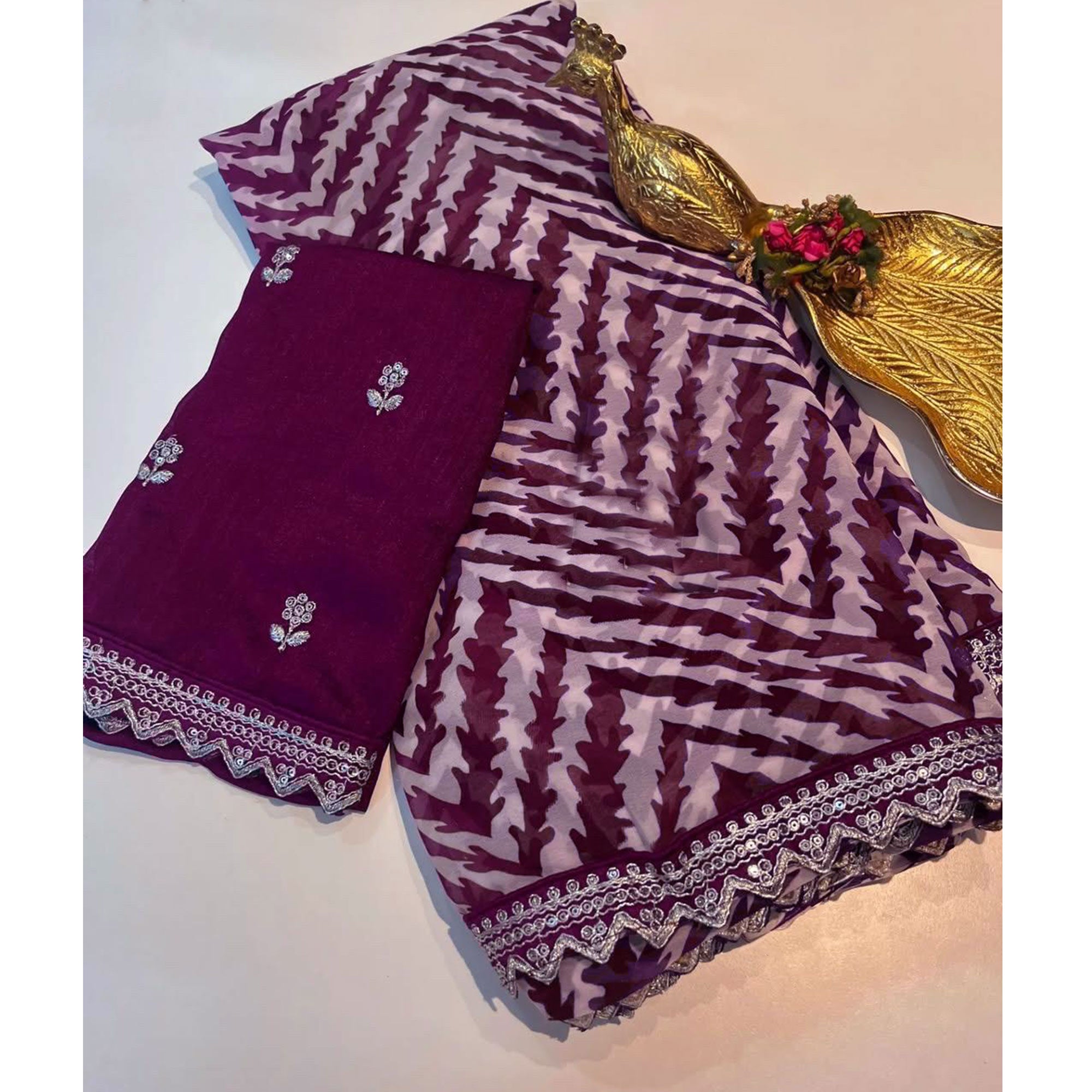 Wine Zig Zag Printed Georgette Saree With Sequins Embroidered Border