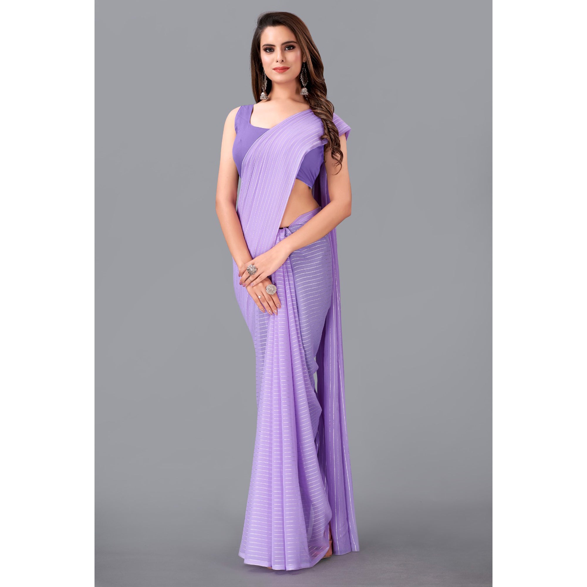 Purple Striped Foil Printed Georgette Saree