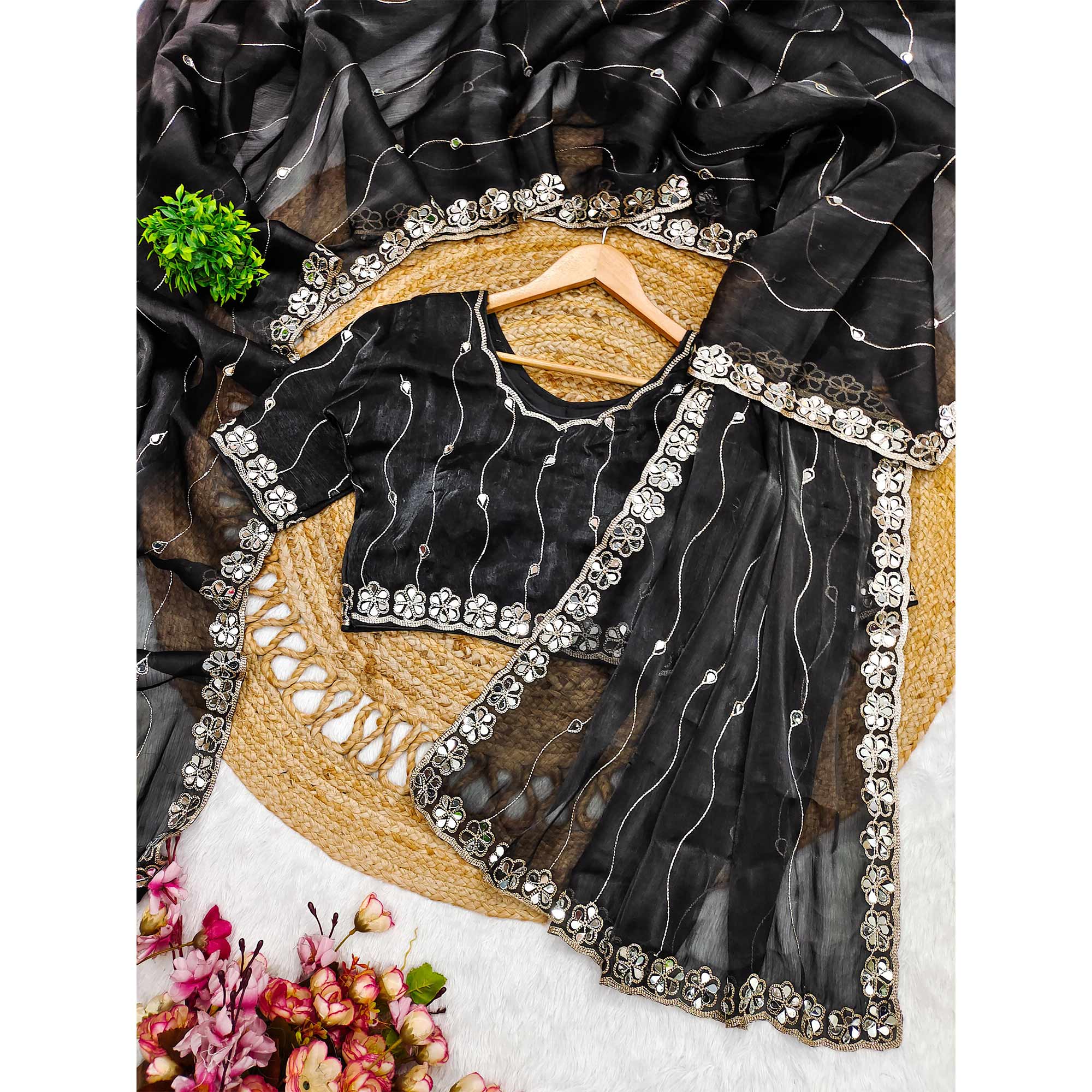 Black Art Silk Saree Highlighted with Embroidery & Mirror Detailing