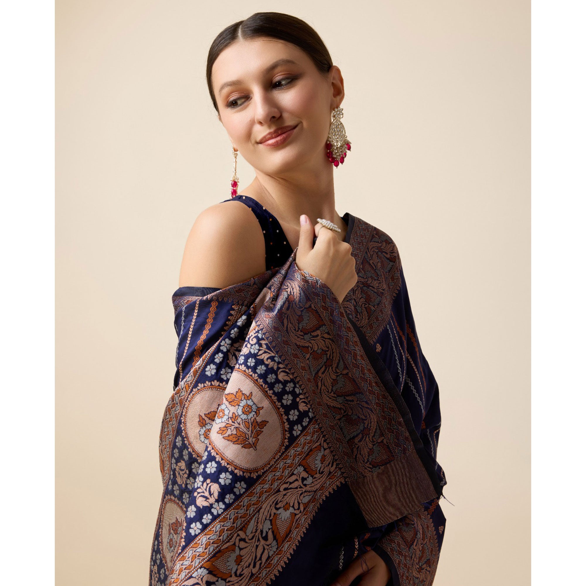 Navy Blue Floral Woven Pure Silk Saree