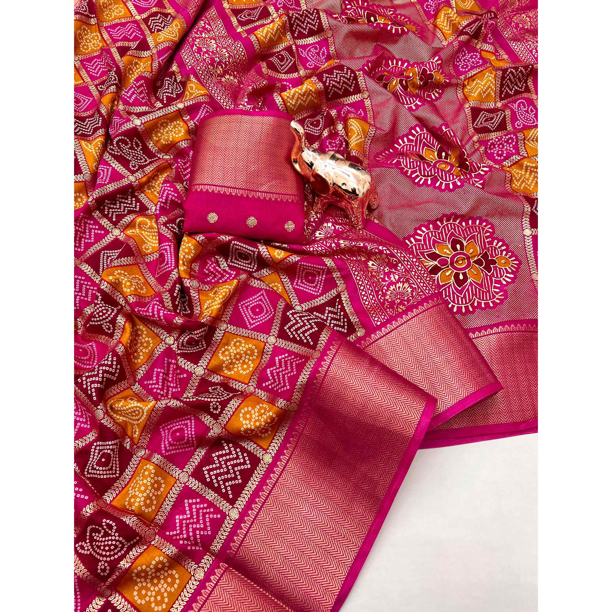 Rani Pink Traditional Bandhani Foil Print Dola Silk Saree With Designer Jacquard Border