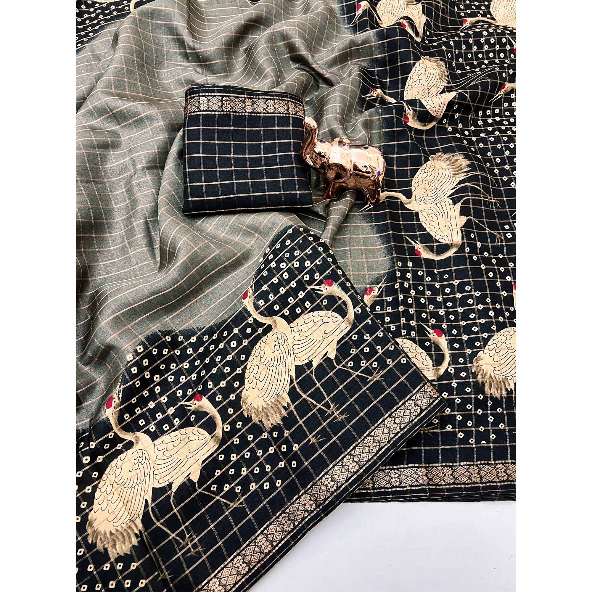 Elegant Grey & Black Checks Weaving Tussar Silk Blend Saree Adorned With Artistic Bird Prints