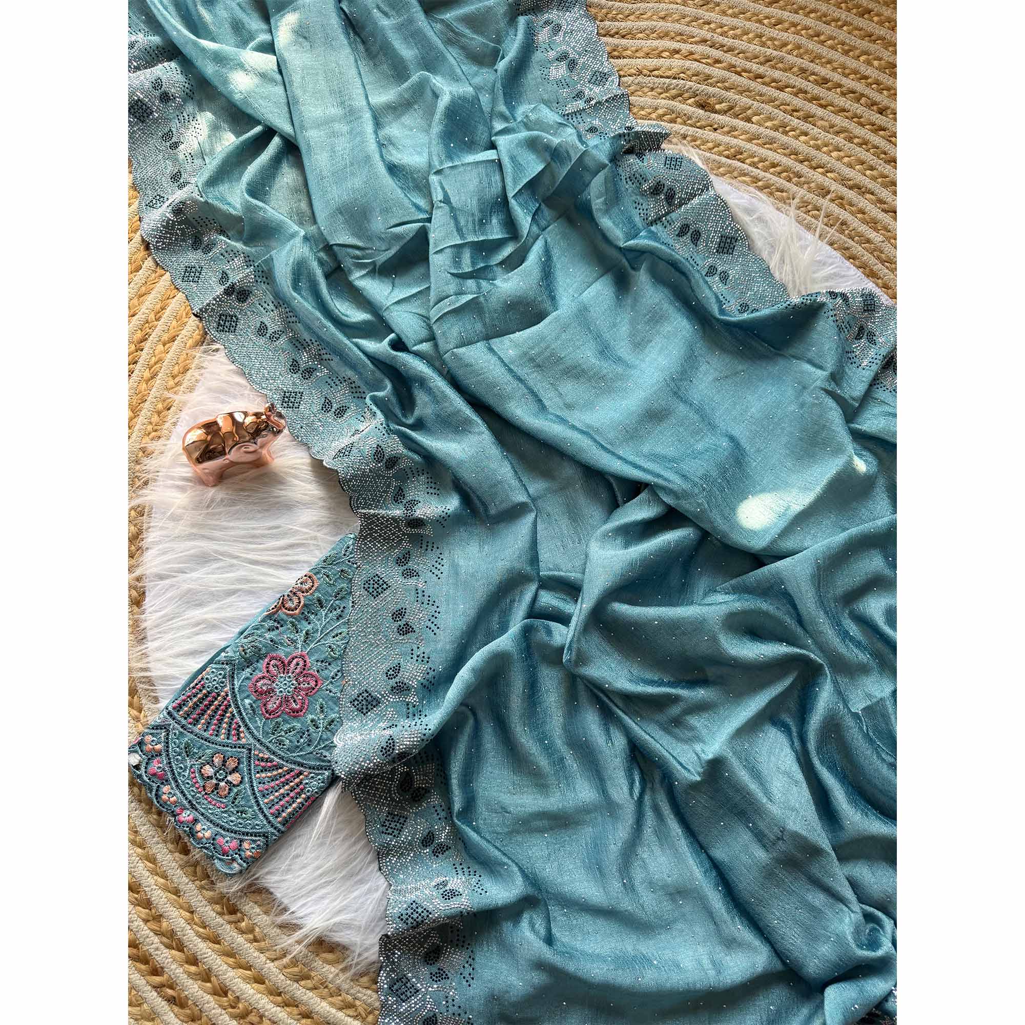 Elegant Blue Vichitra Silk Saree Adorned with Sparkling Swarovski Work & Jarkan Border