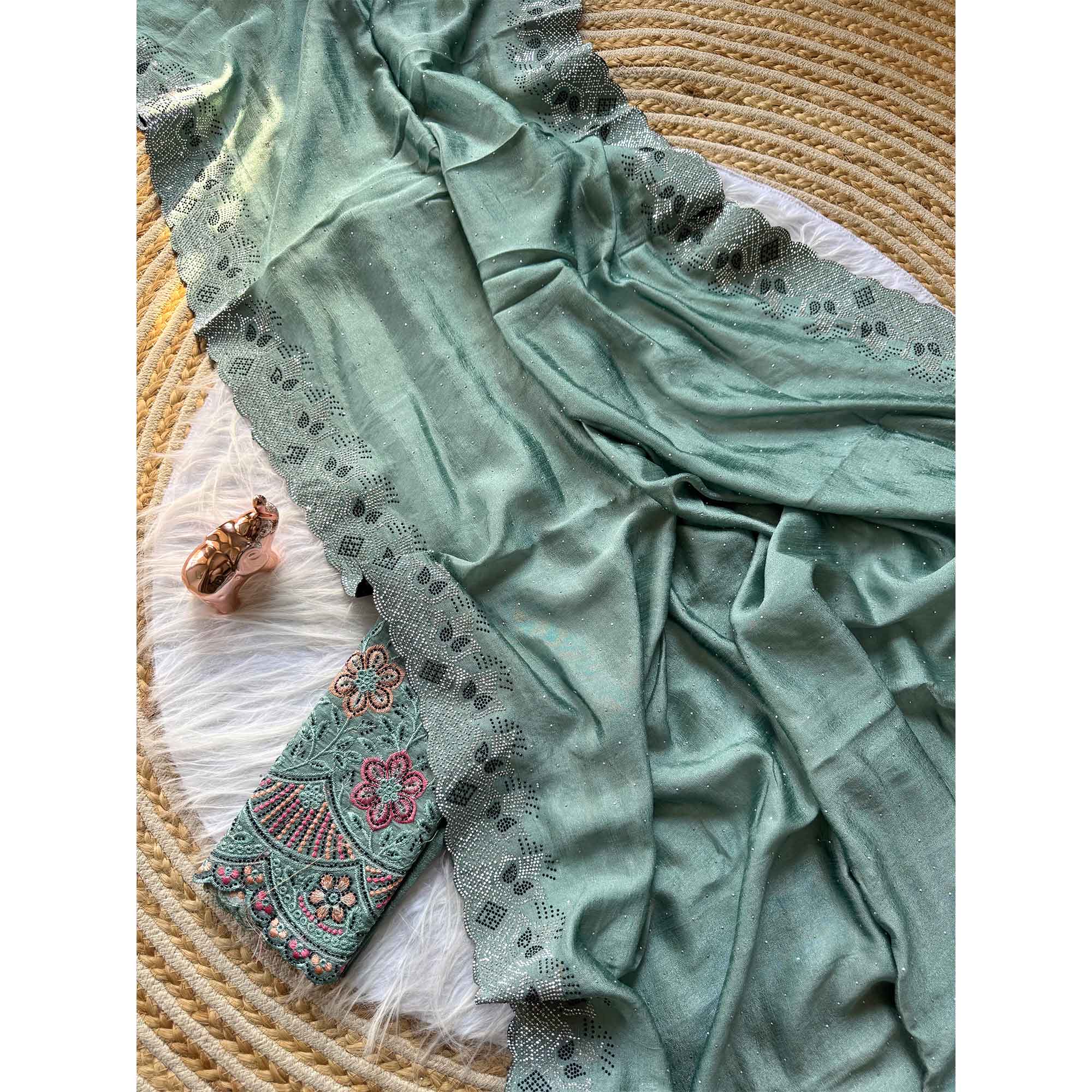 Elegant Dusty Turquoise Vichitra Silk Saree Adorned with Sparkling Swarovski Work & Jarkan Border