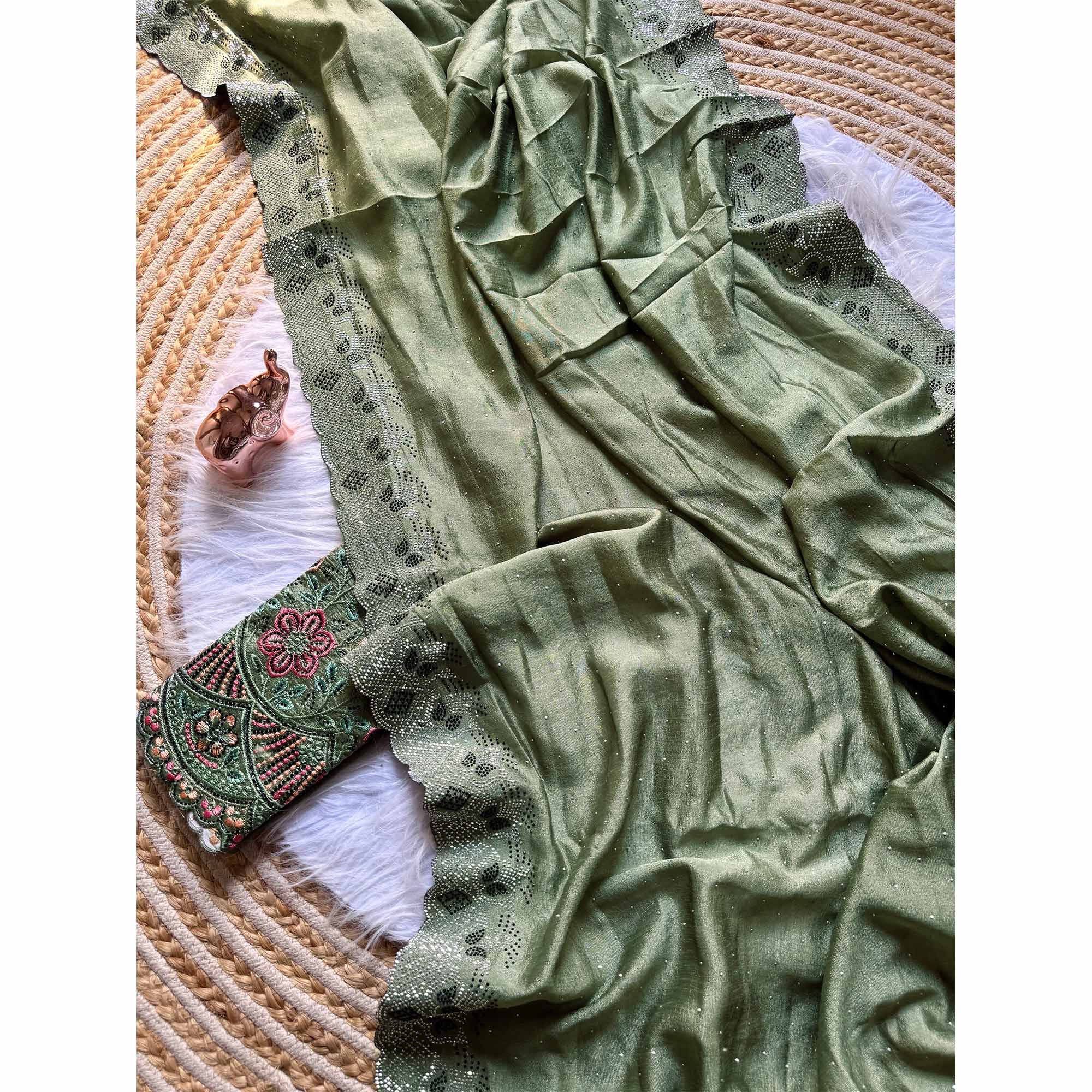 Elegant Green Vichitra Silk Saree Adorned with Sparkling Swarovski Work & Jarkan Border