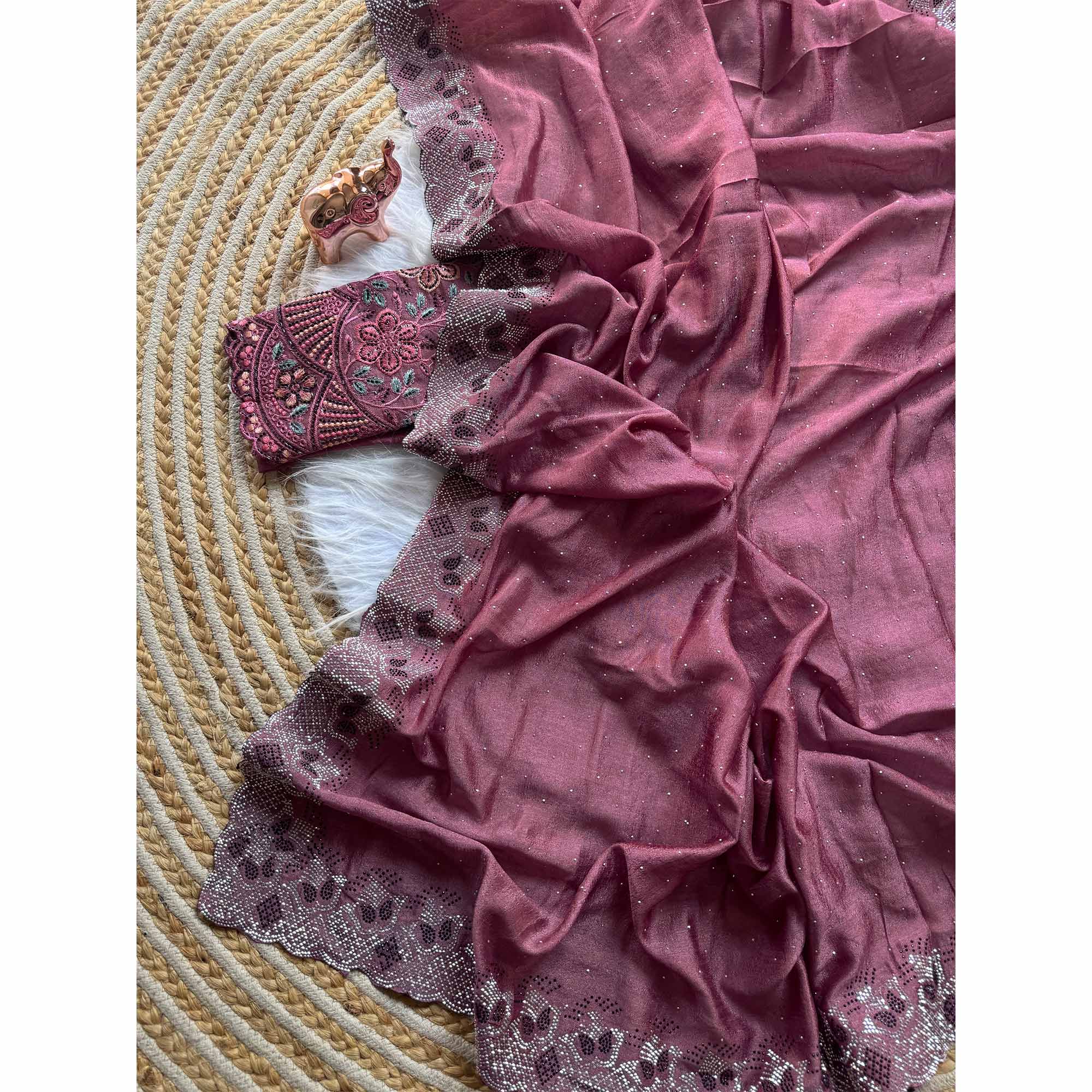 Elegant Mauve Vichitra Silk Saree Adorned with Sparkling Swarovski Work & Jarkan Border