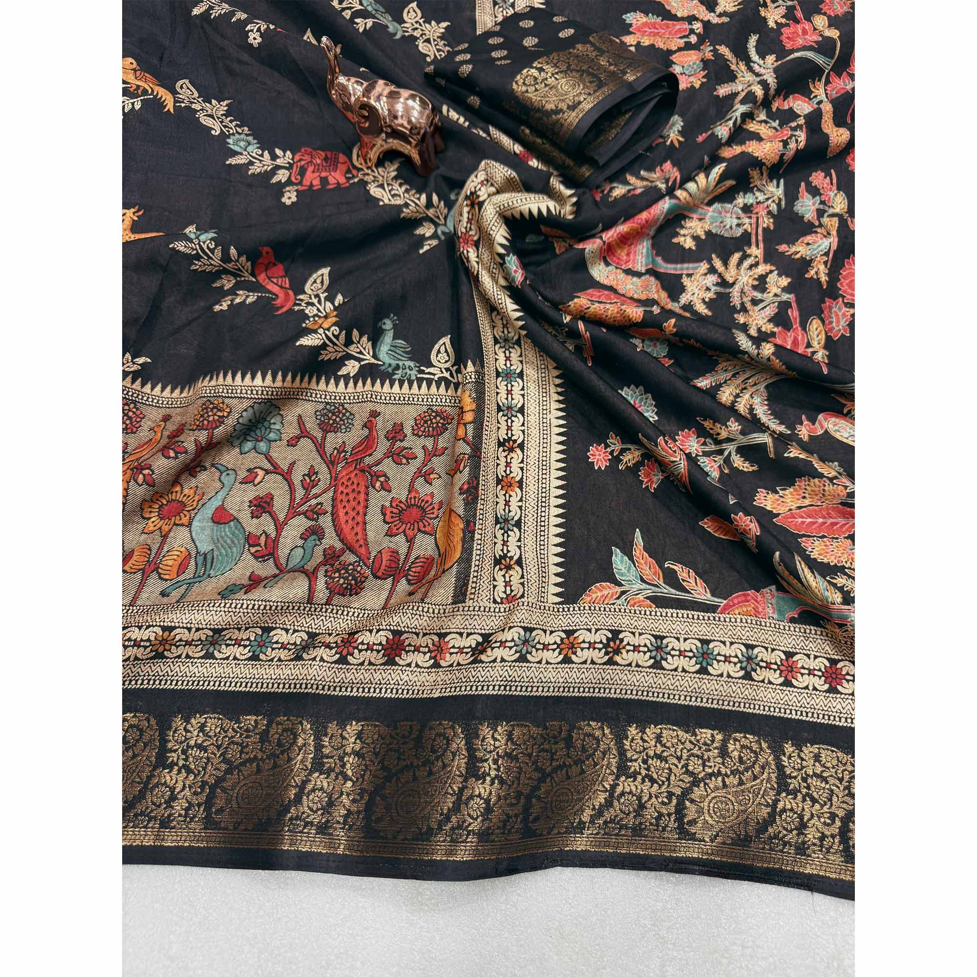 Designer Black Dola Silk Saree Featuring Intricate Floral Zari Weaving