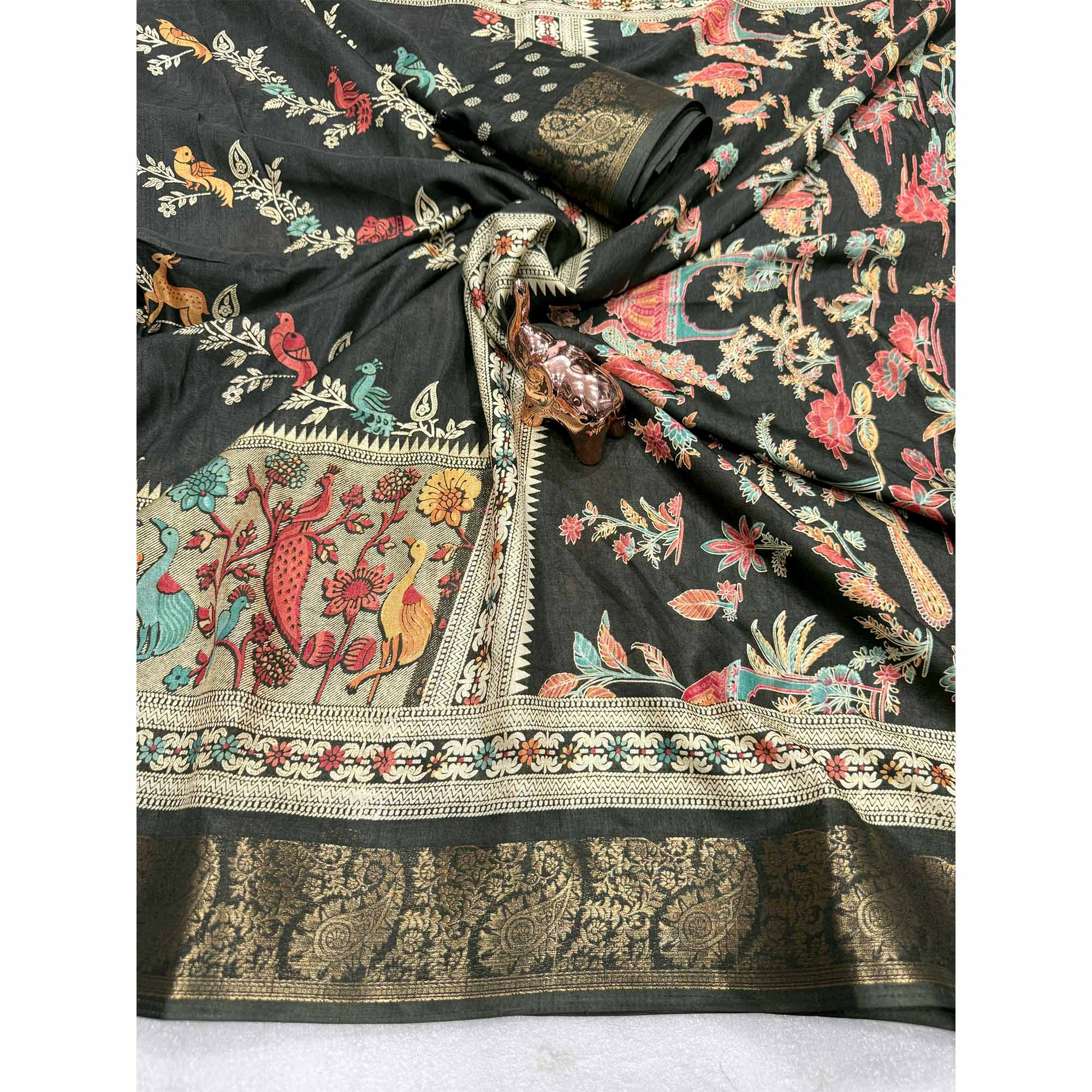 Designer Mehendi Green Dola Silk Saree Featuring Intricate Floral Zari Weaving