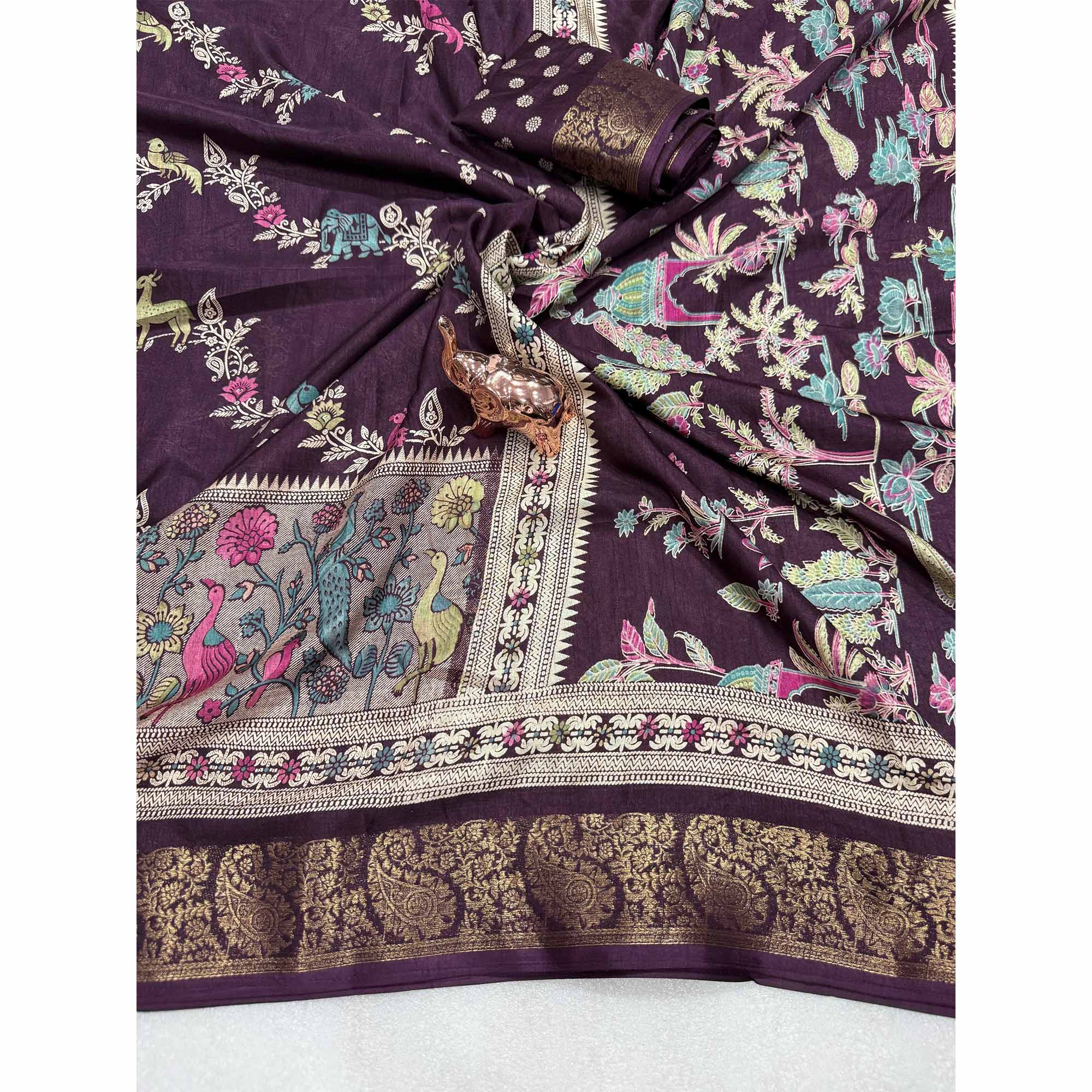 Designer Wine Dola Silk Saree Featuring Intricate Floral Zari Weaving