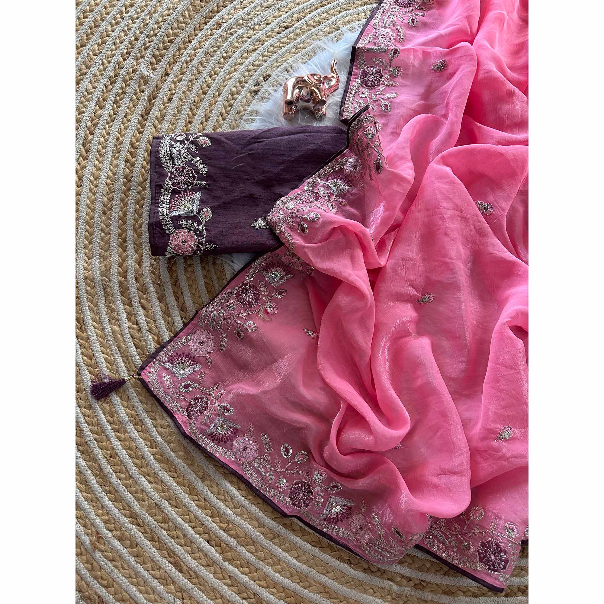 Pink Pure Silk Saree Showcasing Floral Sequins Embroidery With A Decorative Tassel Pallu