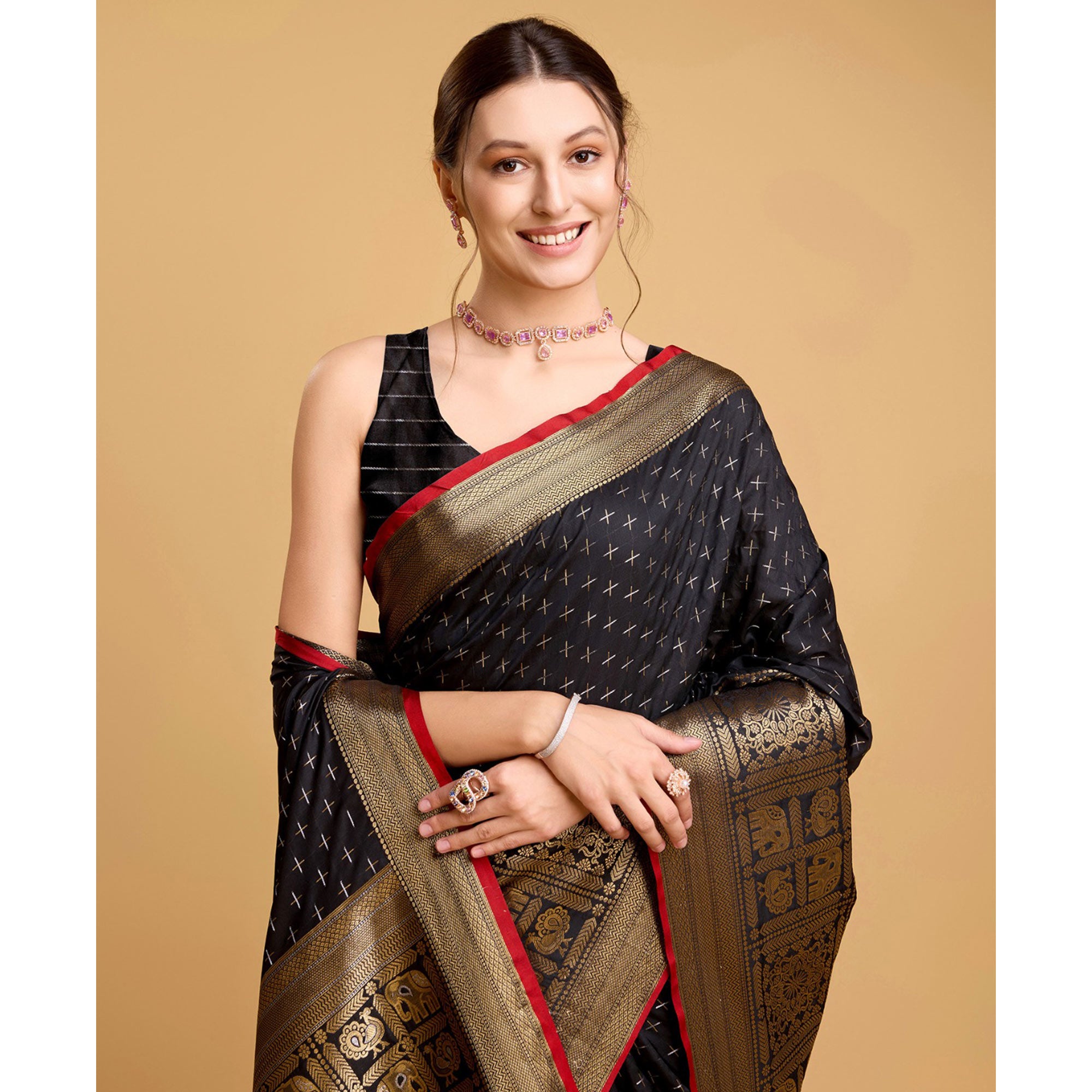 Black Woven Pure Silk Saree With Tassels