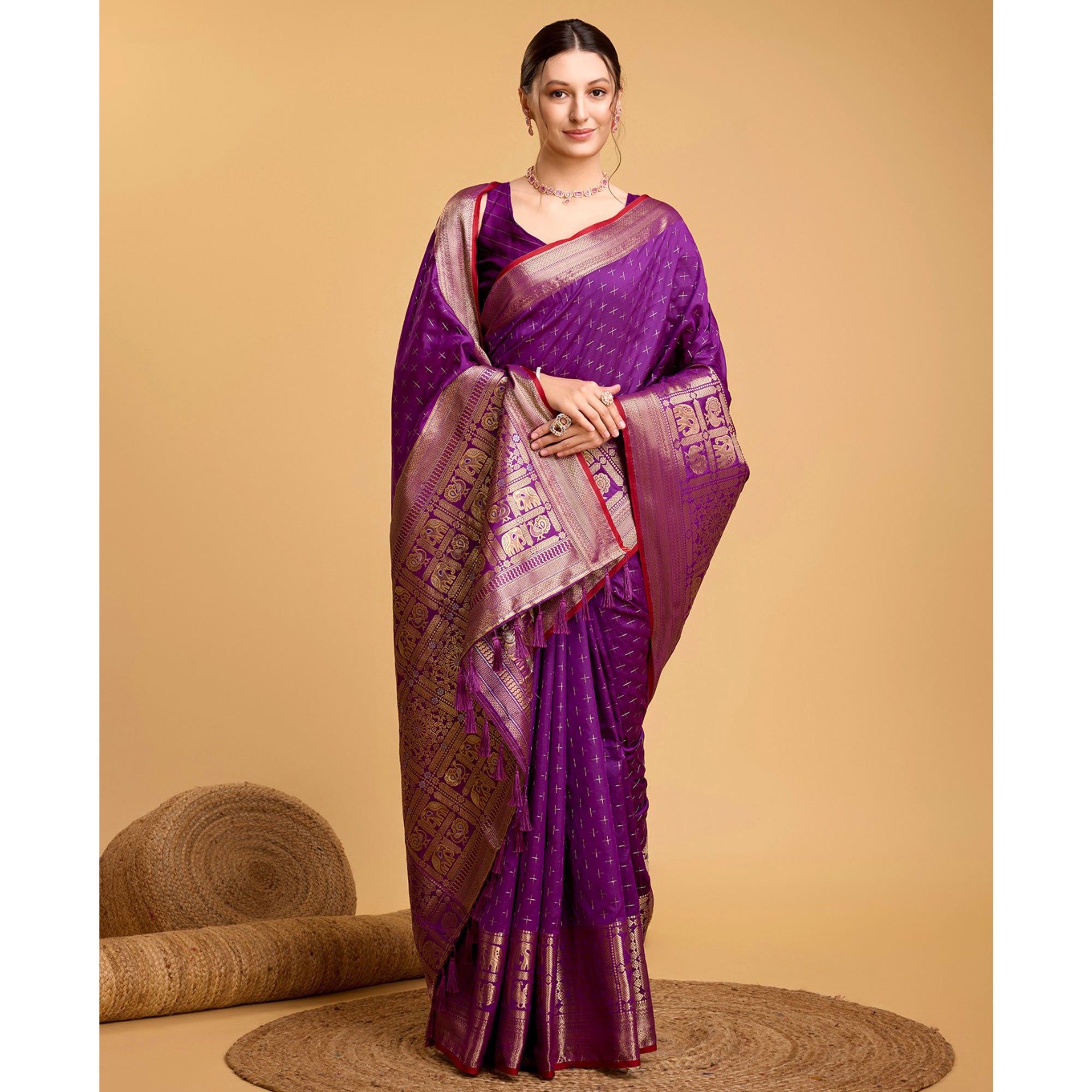 Purple Woven Pure Silk Saree With Tassels