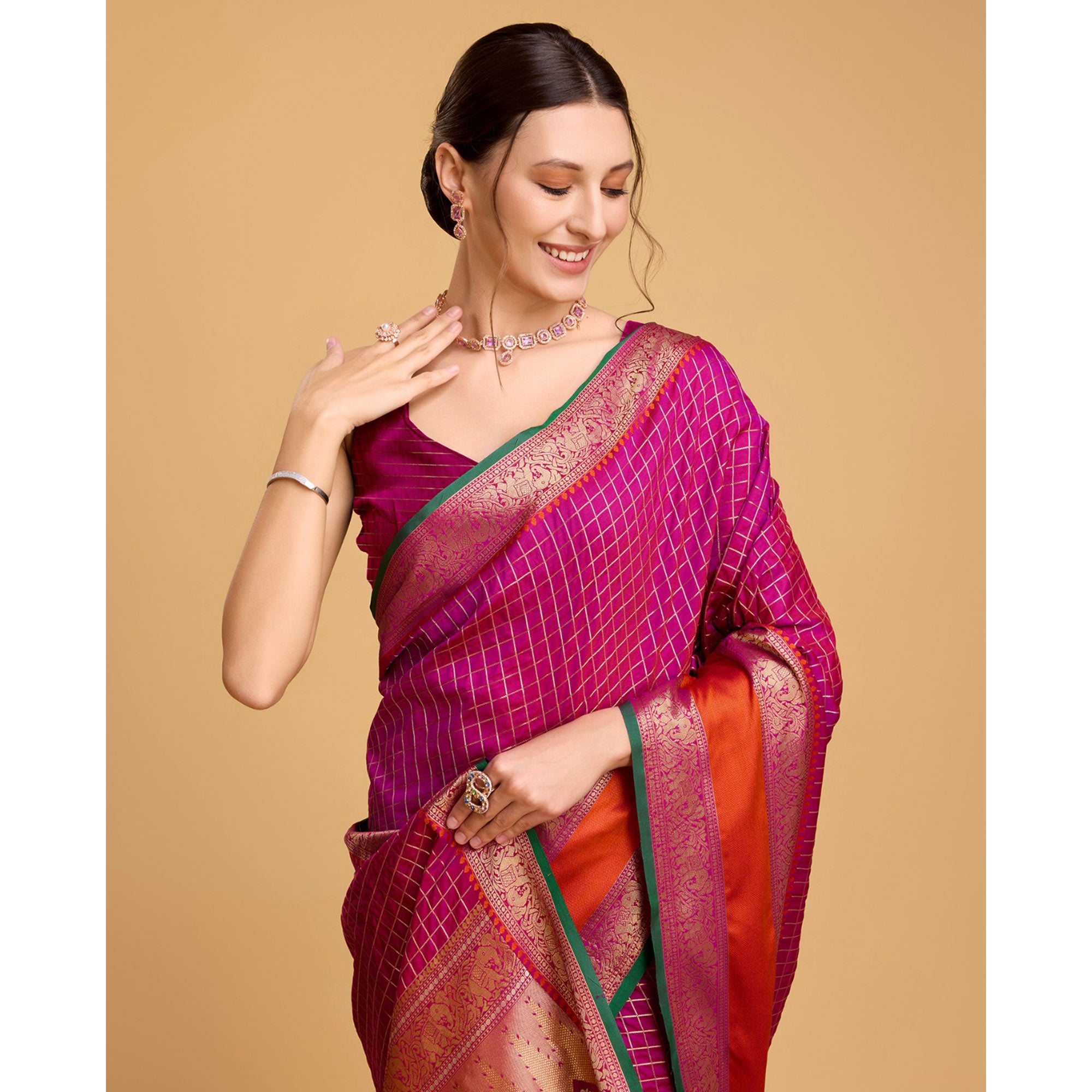 Purple Checks Woven Pure Silk Saree With Tassels