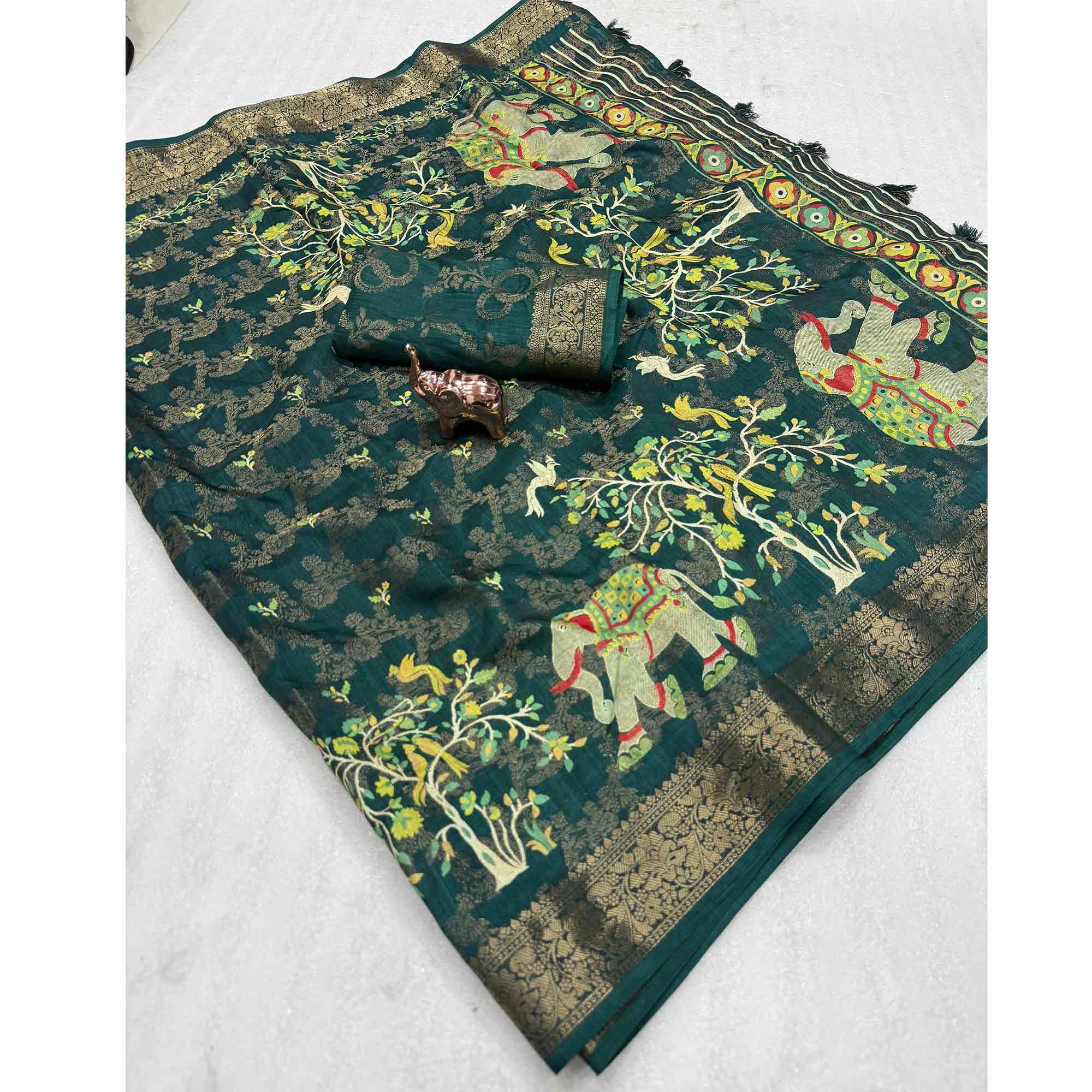 Exquisite Green Floral Weaving Tusser Silk Jacquard Saree Highlighted With Elephant Motif Pallu