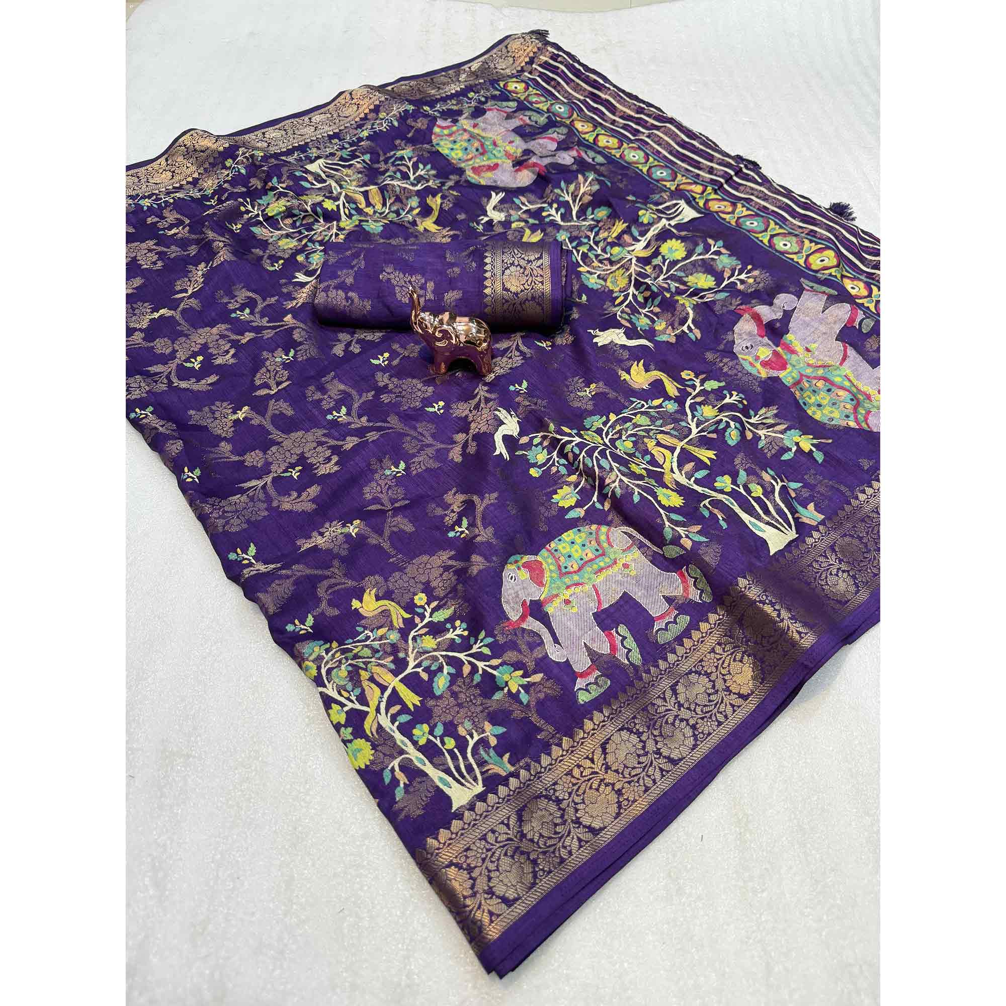 Exquisite Royal Purple Floral Weaving Tusser Jacquard Silk Saree With Elephant Motif Pallu