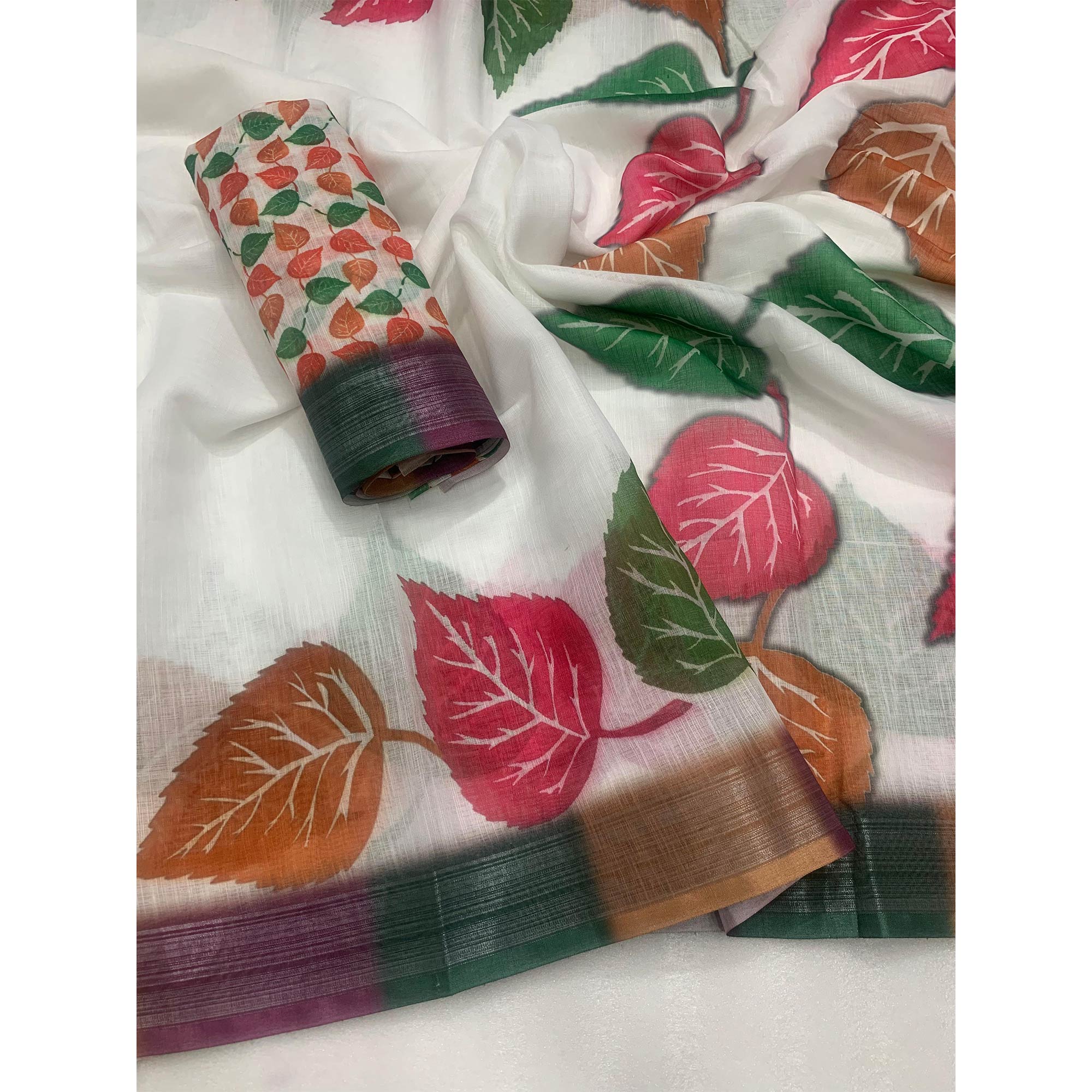 White Printed Linen Saree With Zari Work